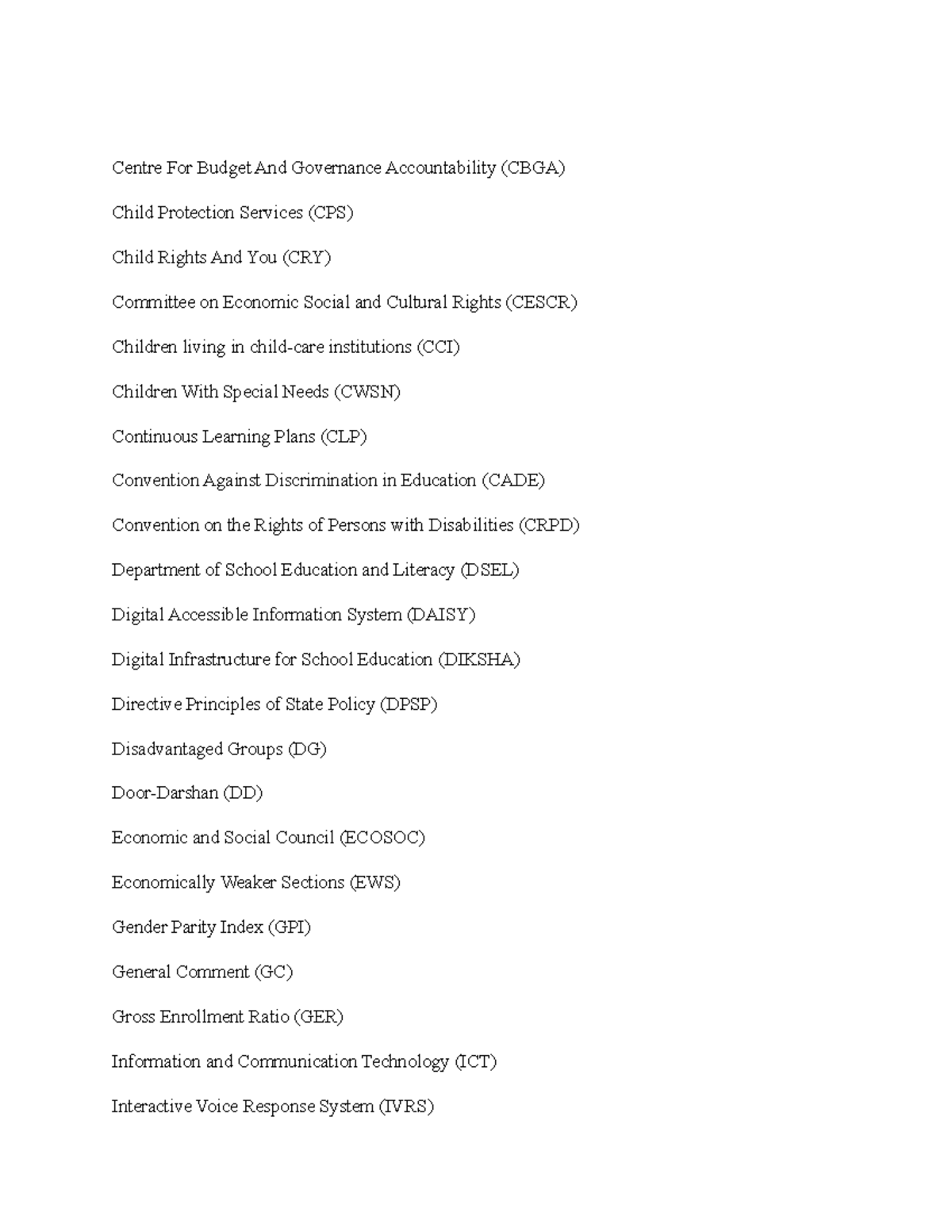 Abbreviations Centre For Budget And Governance Accountability (CBGA