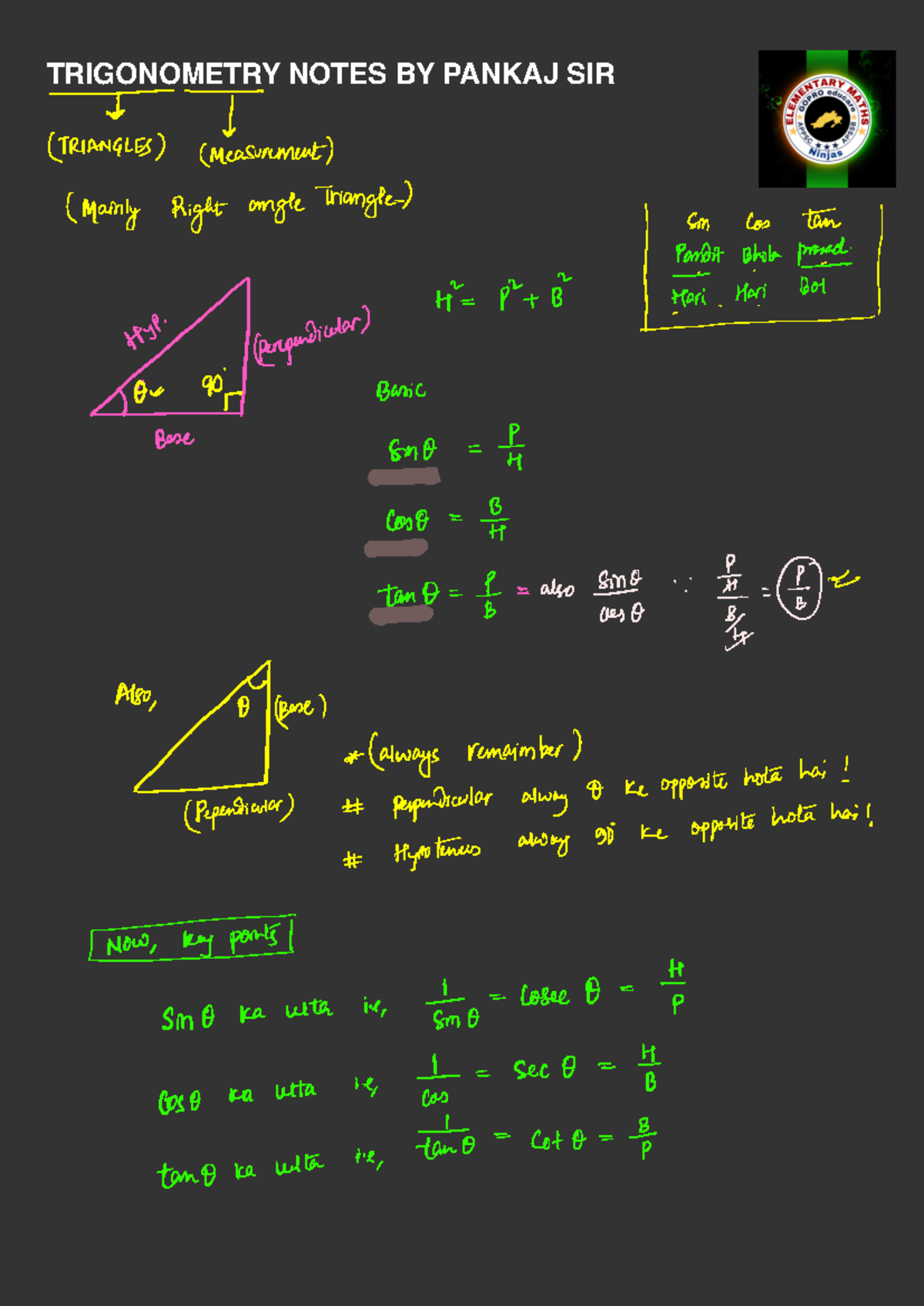 Trigonometry formulas trigonometry notes by pankaj sir i ctriangles