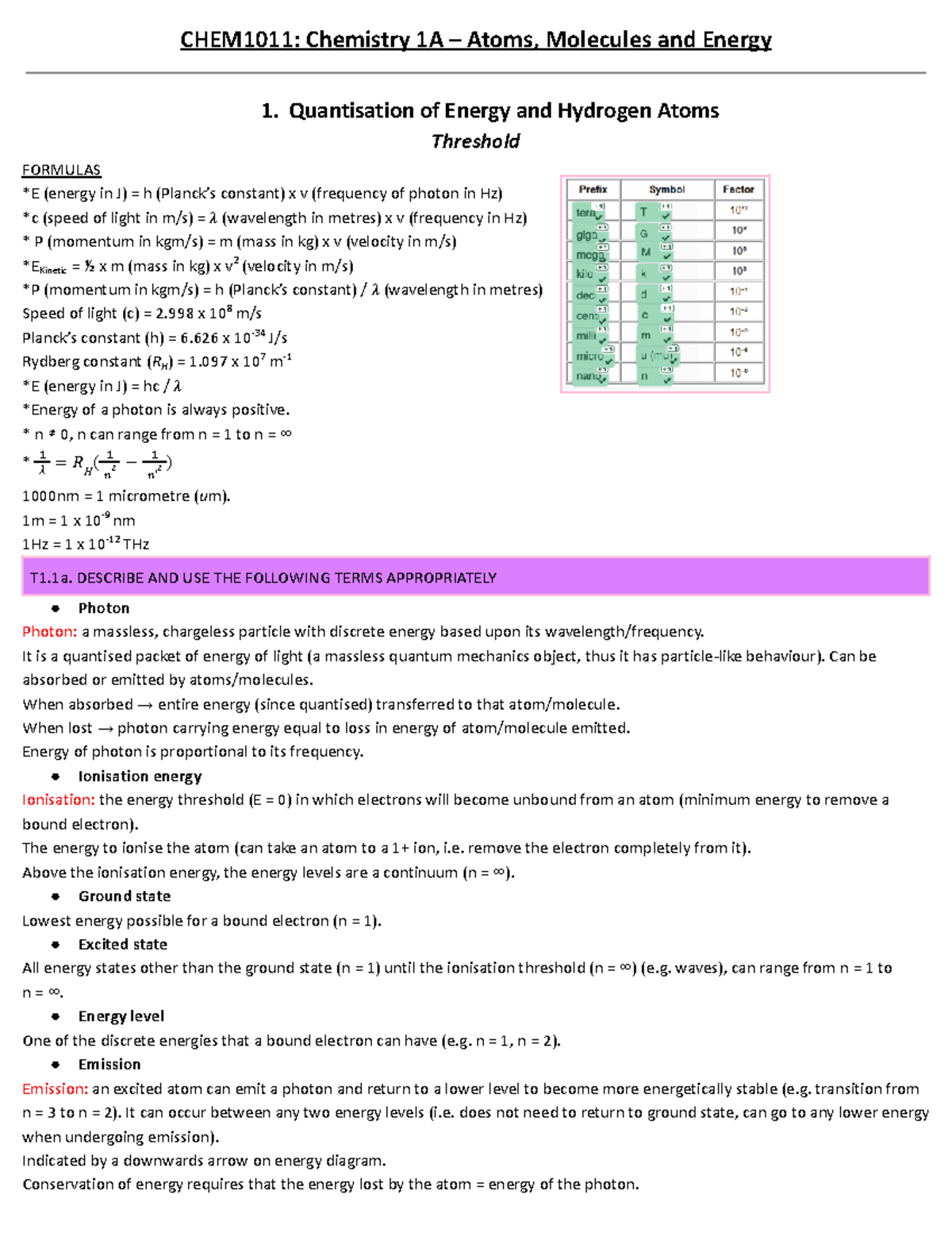 CHEM1011 Notes - CHEM1011: Chemistry 1A – Atoms, Molecules and Energy 1 ...