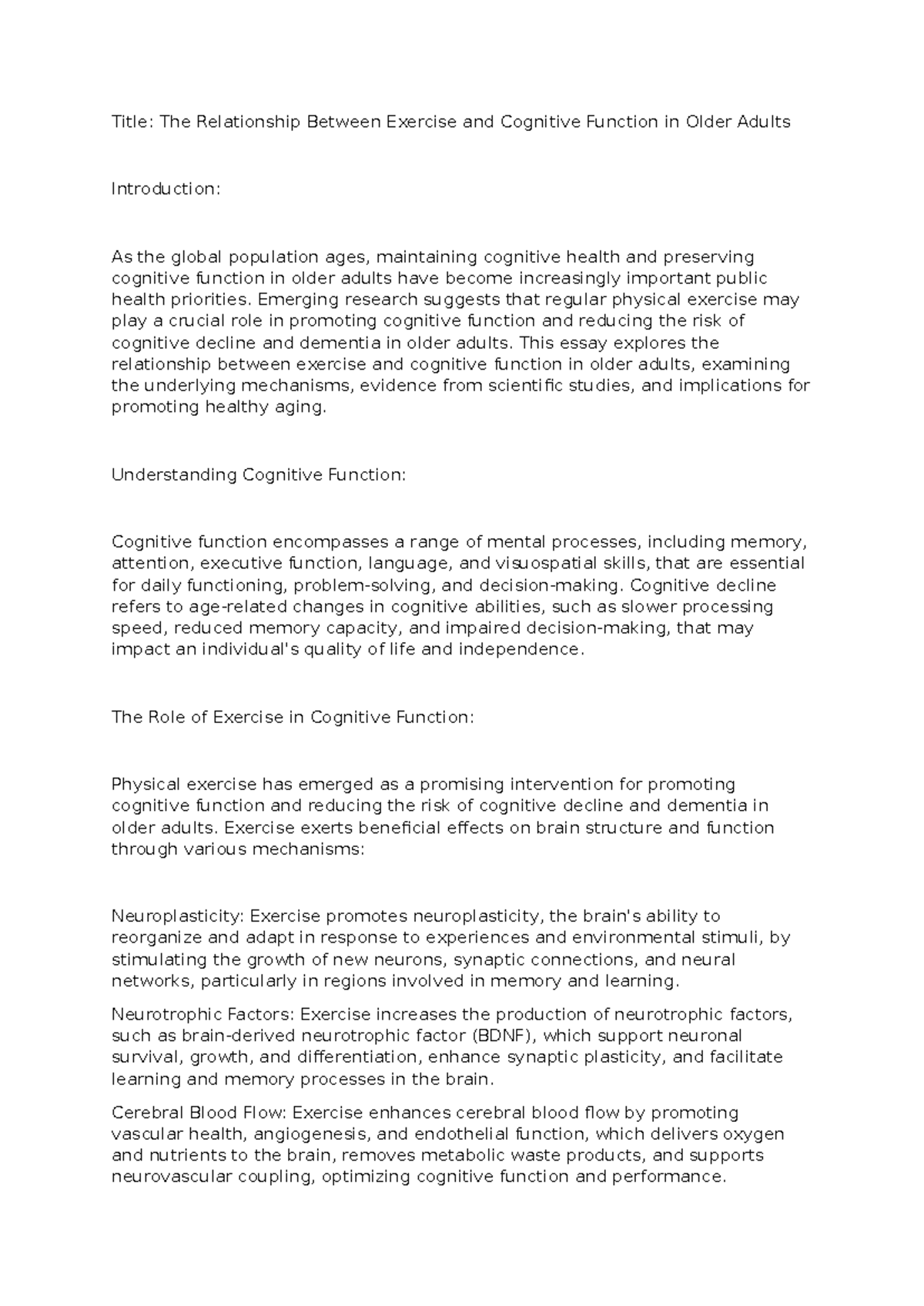 The Relationship Between Exercise and Cognitive Function in Older ...