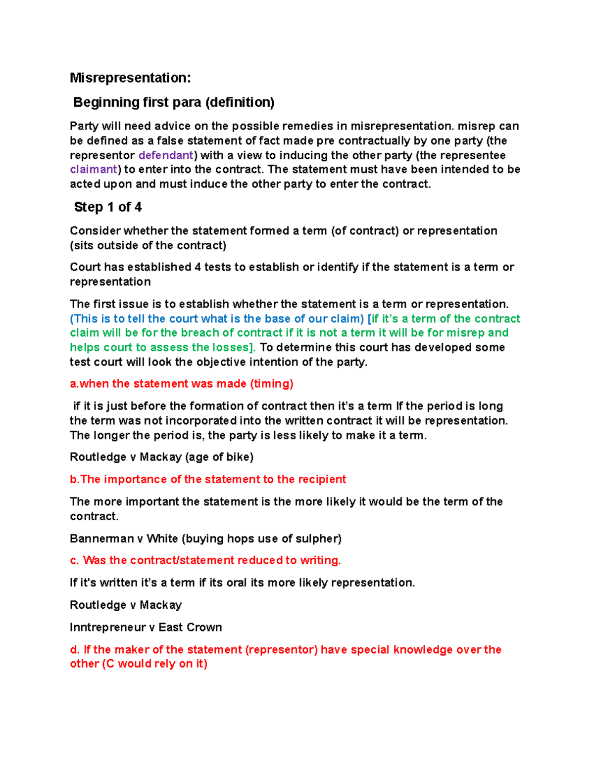 Misrep exam layout - Misrepresentation: Beginning first para ...