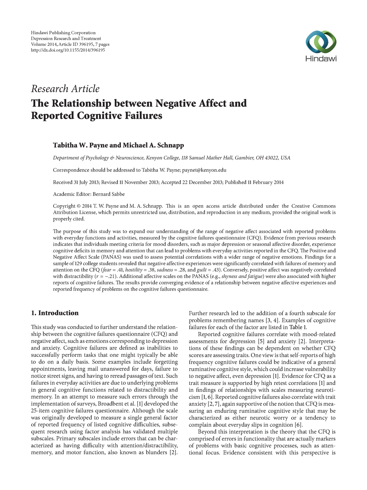 Affect and cognitive failures - Research Article The Relationship ...