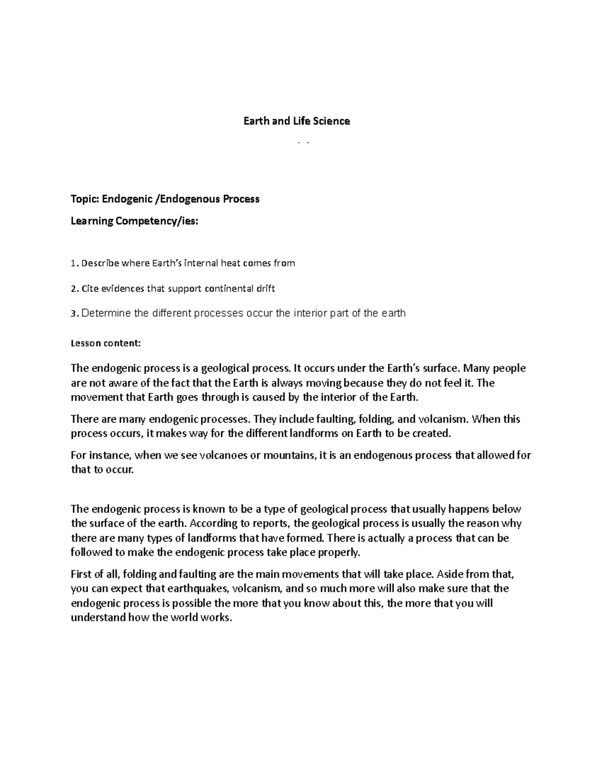 Endogenic Process - Earth and Life Science (Sci 100) Module 9 Topic ...