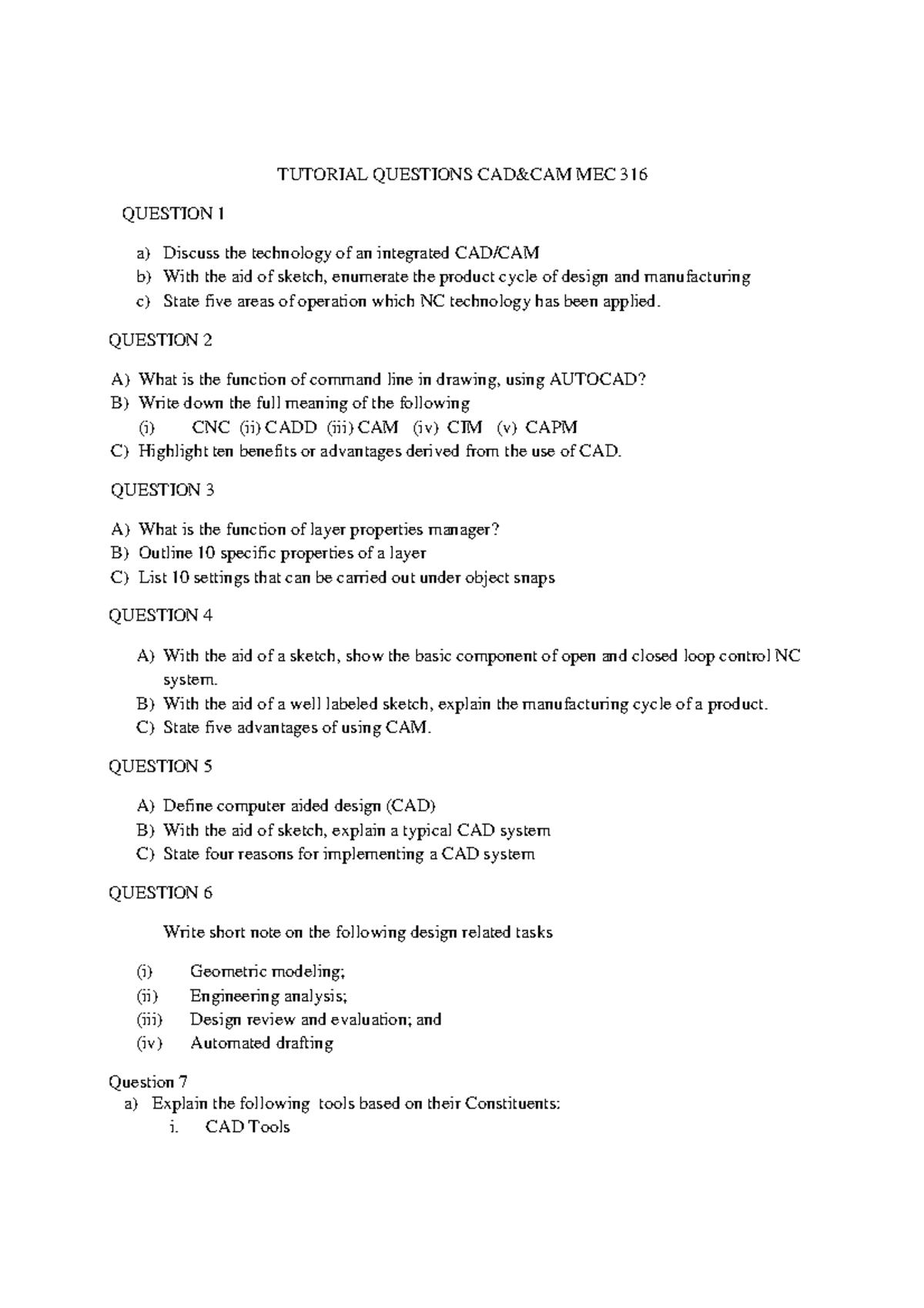 Tutorial Questions CAD&CAM MEC 316 TUTORIAL QUESTIONS CAD&CAM MEC 316
