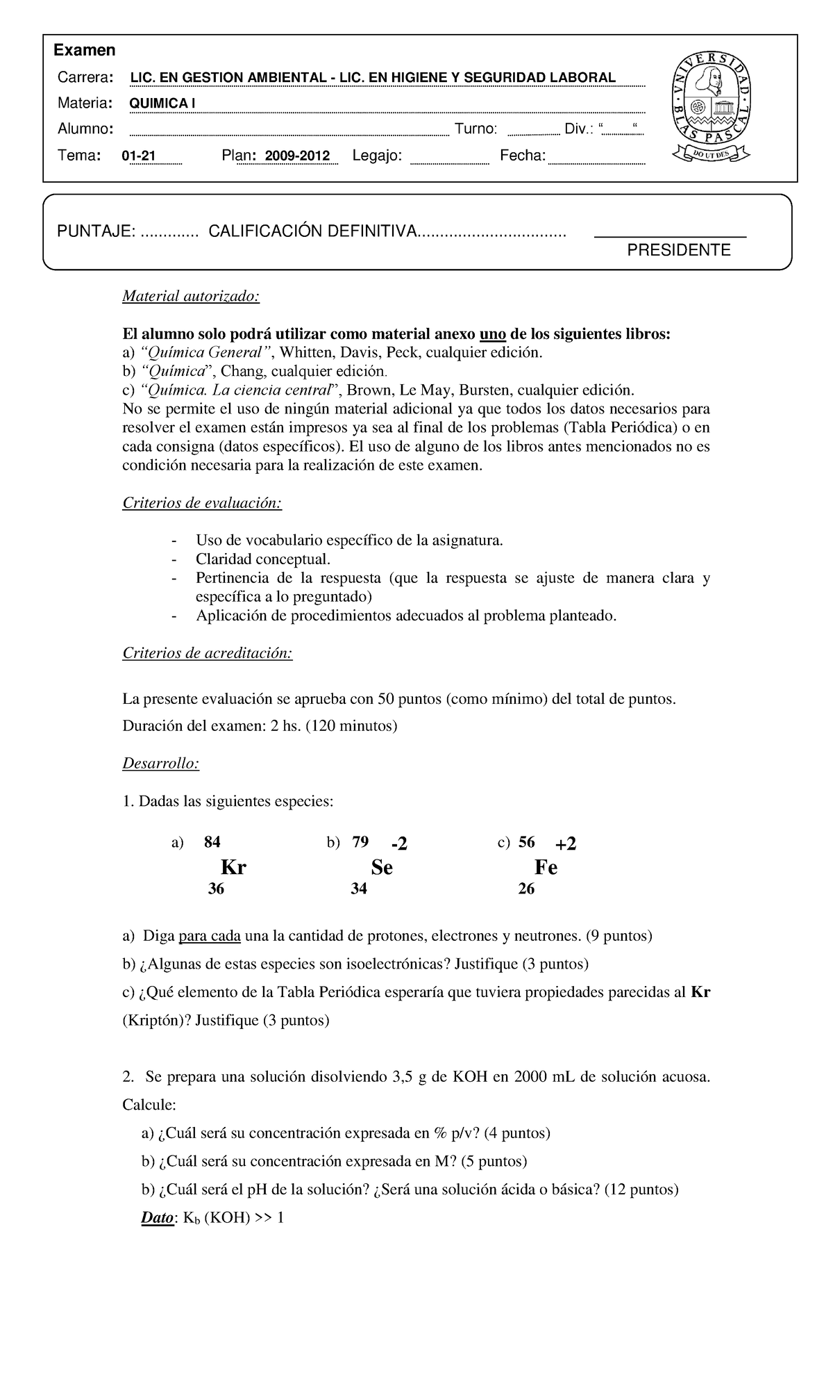 examen final quimica - Material autorizado: El alumno solo podrá ...