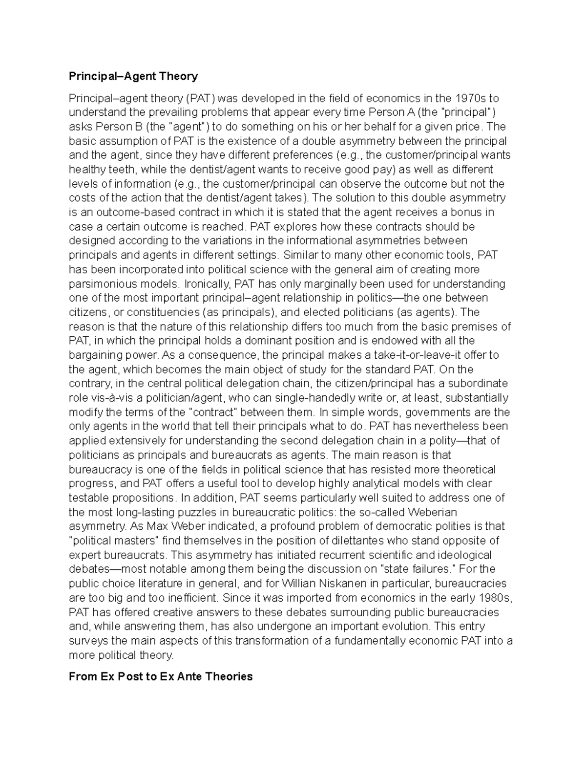 Principal Agent Theory Principal Agent Theory Principal agent Theory PAT Was Developed In 