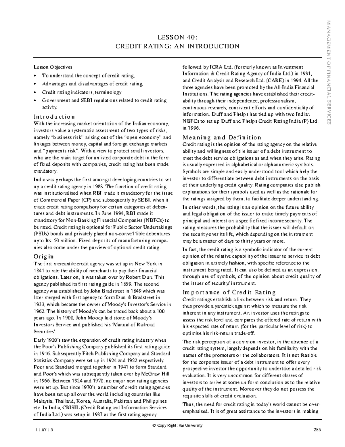 Credit Rating Agencies 18 20 Notes - © Copy Right : Rai Universit y ...