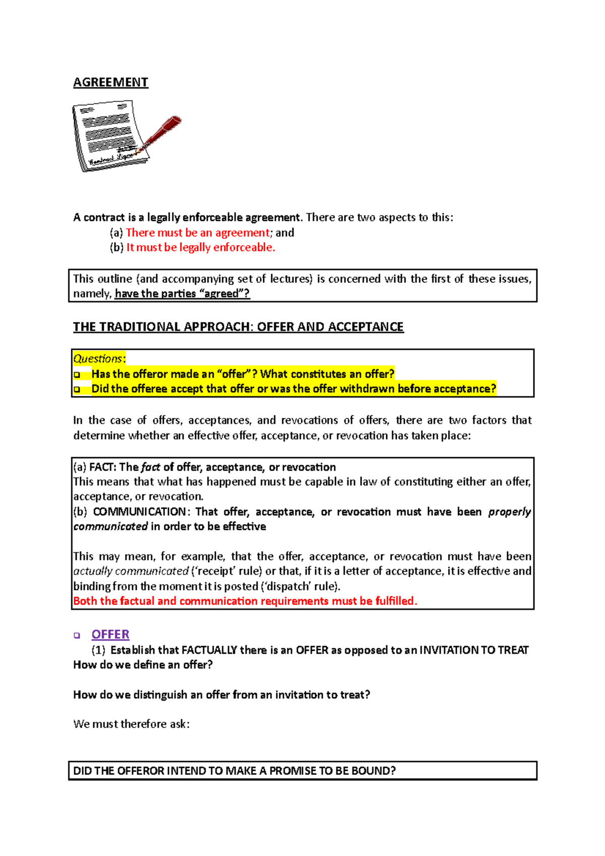 Agreement summary - AGREEMENT A contract is a legally enforceable ...