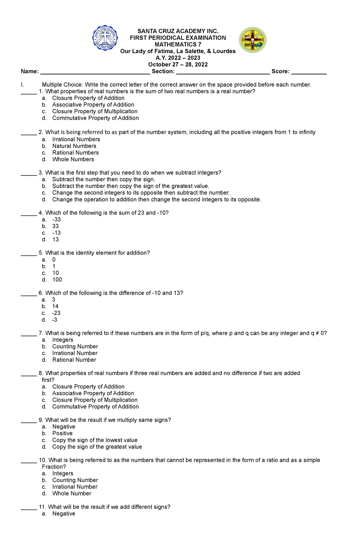 Periodical-Exam-Q1 - Exam - SANTA CRUZ ACADEMY INC. FIRST PERIODICAL ...