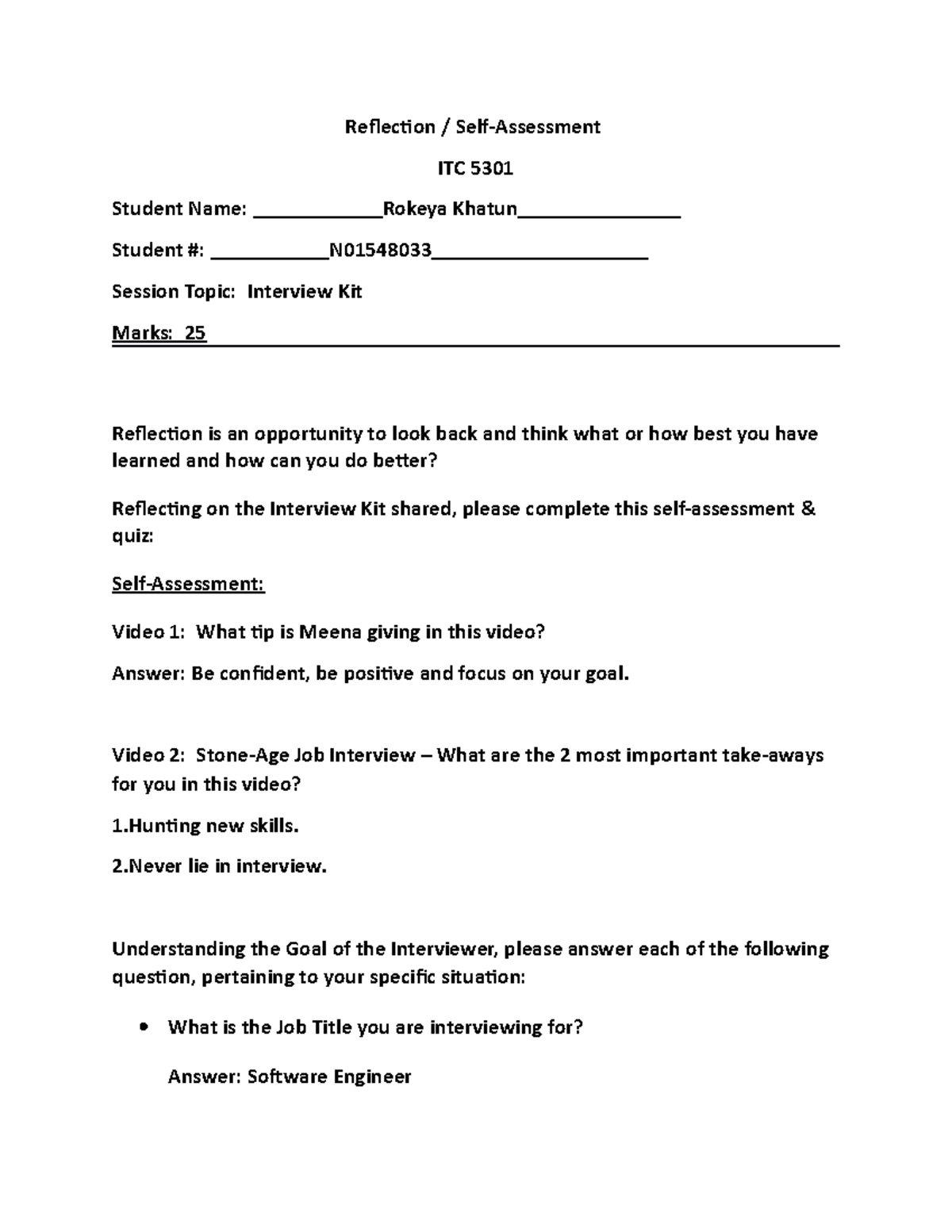 Reflection Paper - Interview Kit - Reflection / Self-Assessment ITC ...