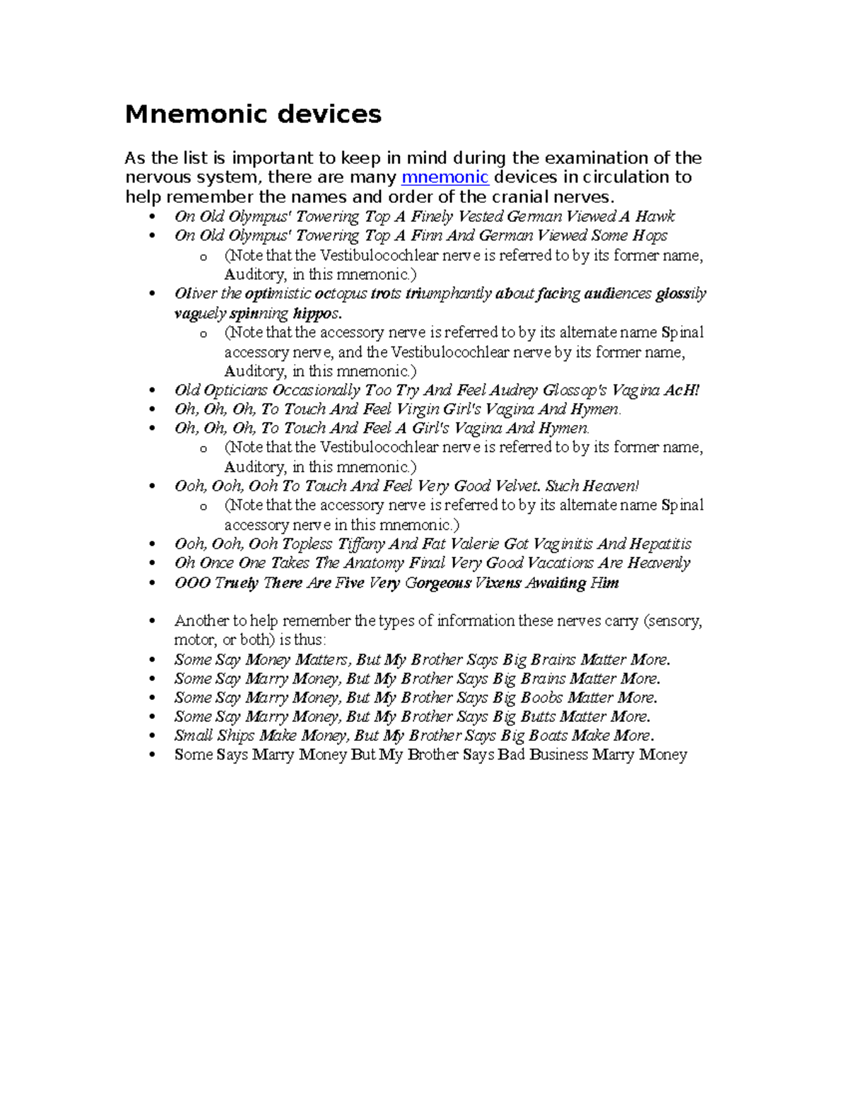 Cranial Nerve Mnemonic Devices Studocu