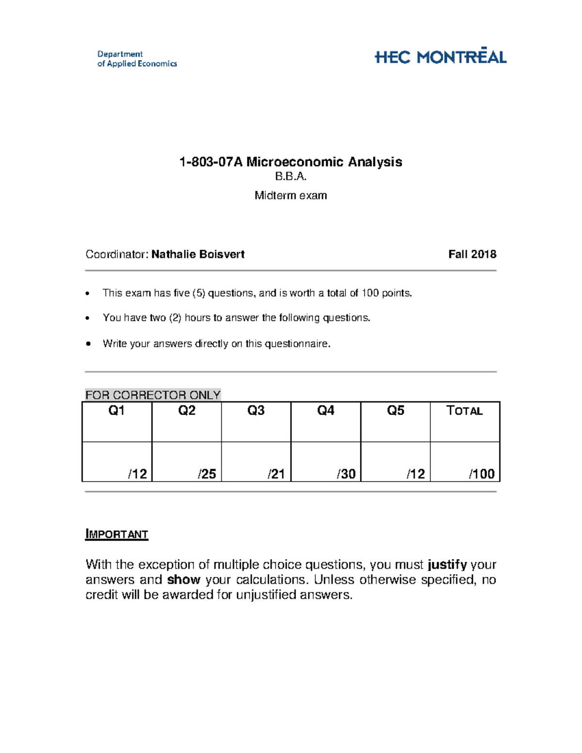 Examen automne 2018 - 1- 803-07A Microeconomic Analysis B.B. Midterm ...