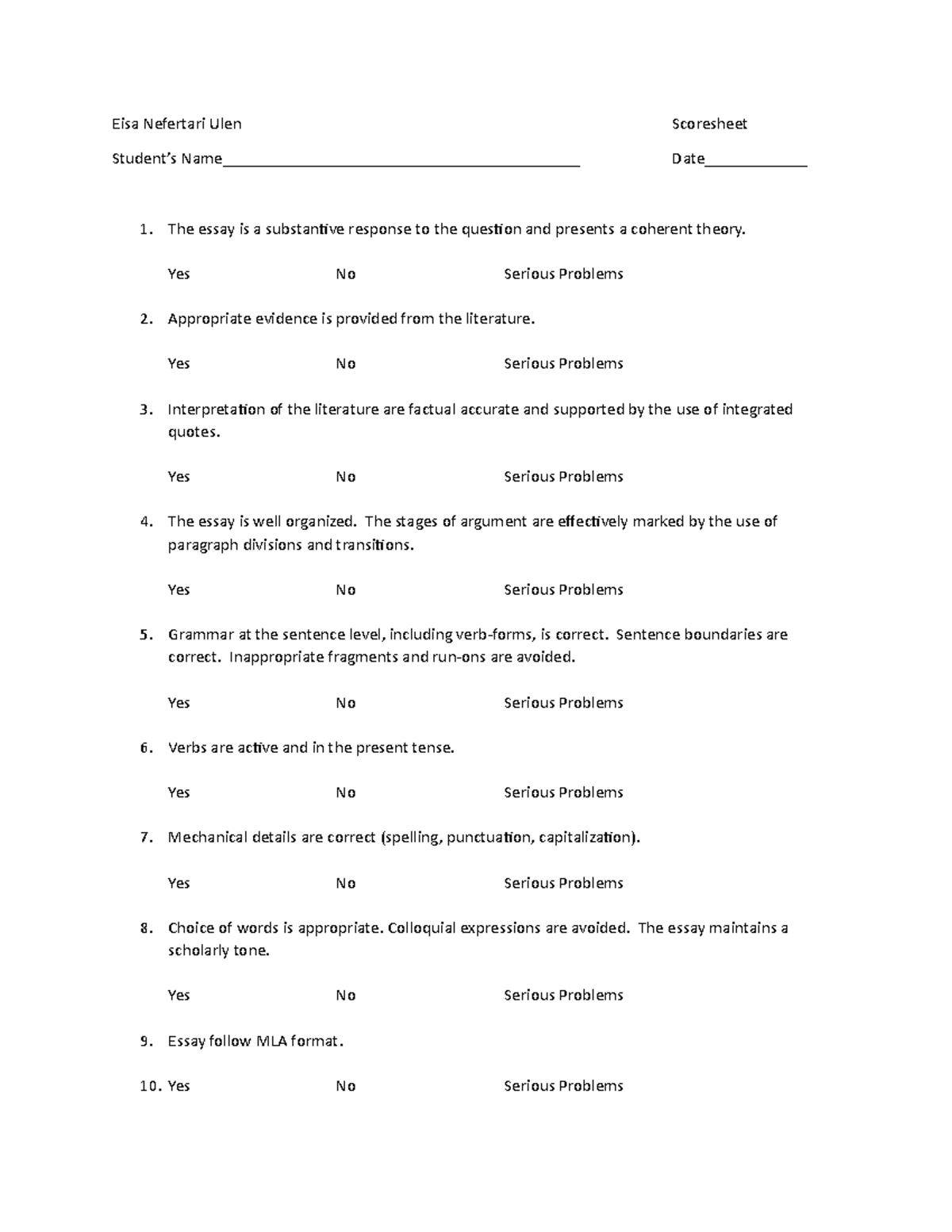 Scoresheet Ulen Eisa Nefertari Ulen Scoresheet Student’s Studocu