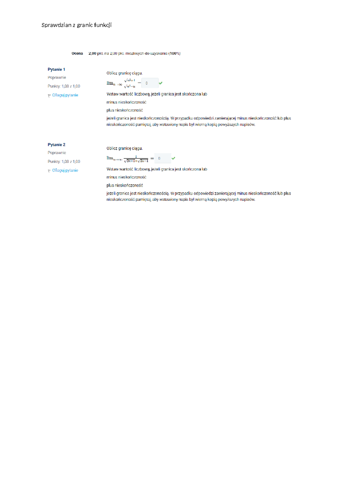 Matematyka II Granice funkcji Sprawdzian - Sprawdzian z granic funkcji