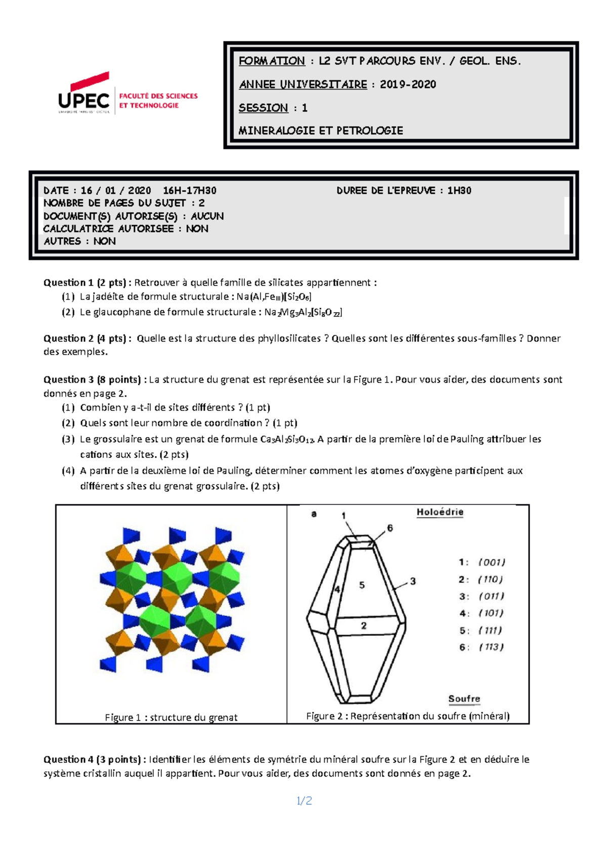 2019 2020 S1 L2 SVT Min Ã©ralogie Examen - FORMATION : L2 SVT PARCOURS ...