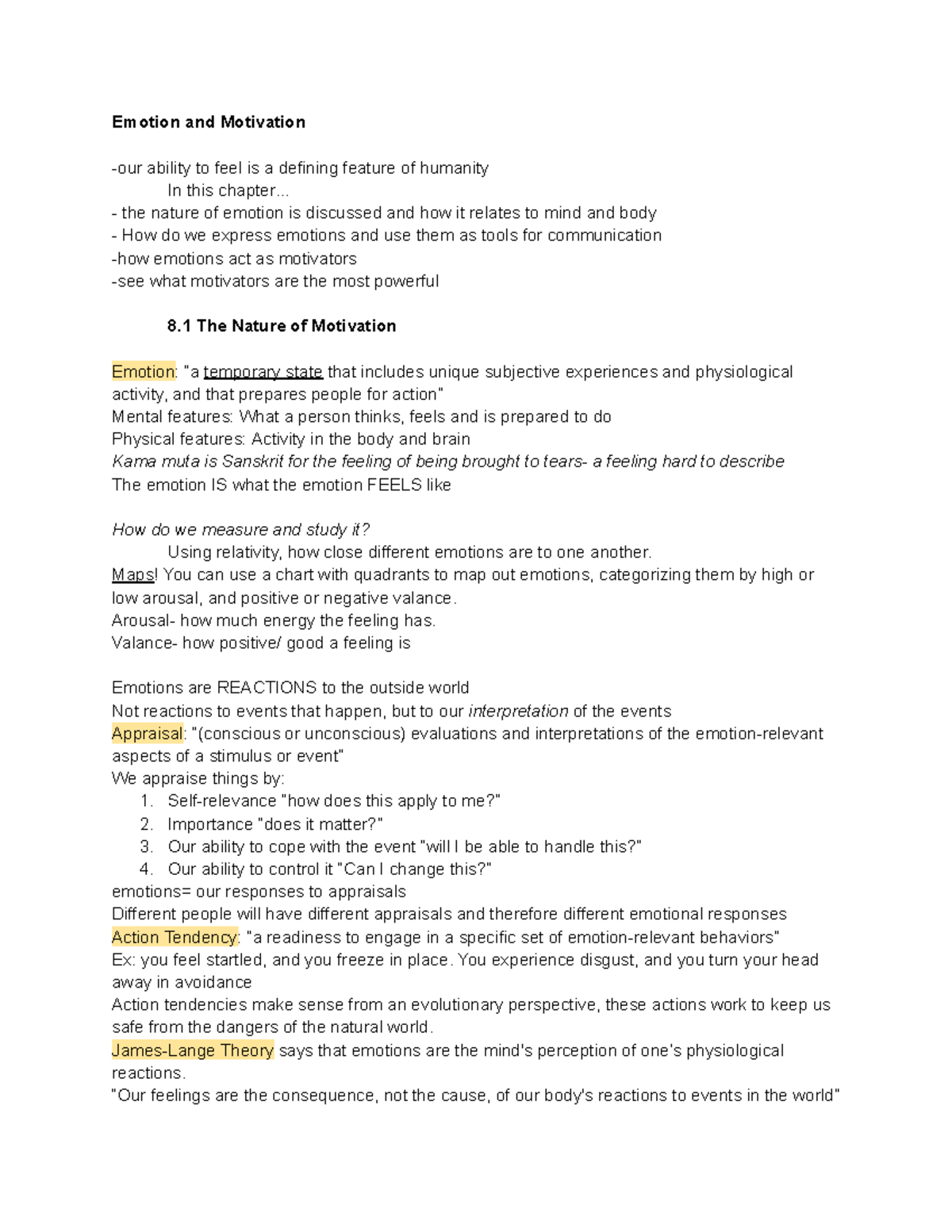 Psy101 chap8 notes - Introducing Psychology - Emotion and Motivation ...