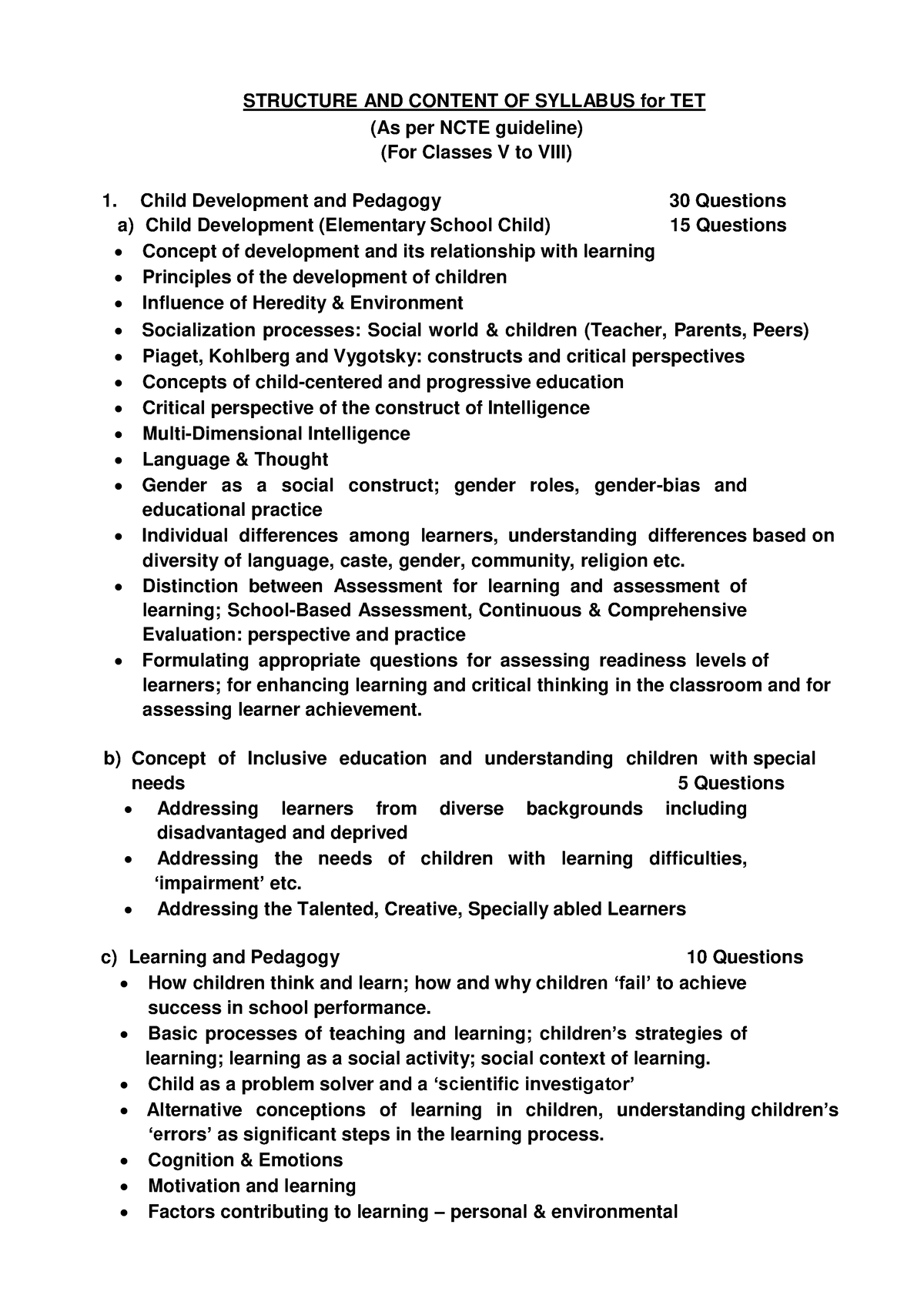 TET Syllabus1 Syllabus of WB tet STRUCTURE AND CONTENT OF SYLLABUS