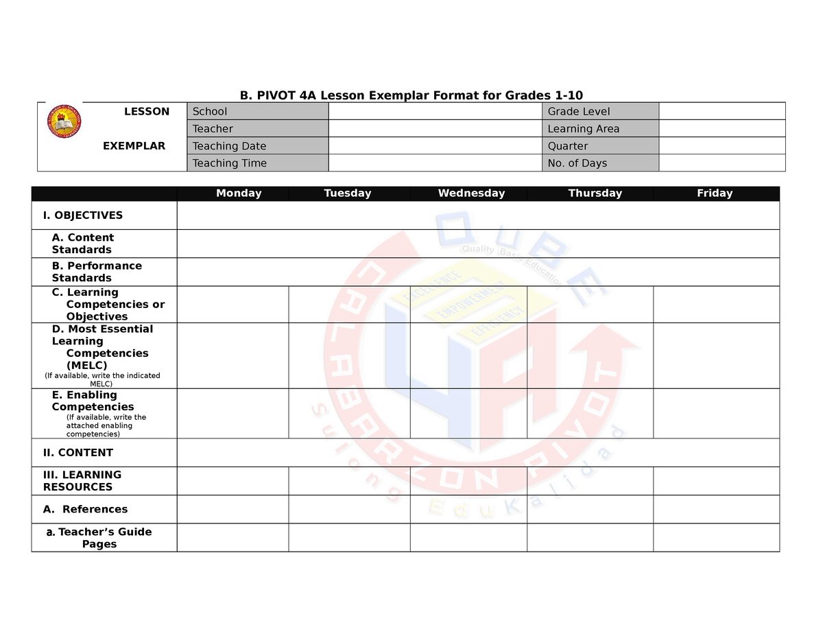 Lesson Exemplar Format For Gr - B. PIVOT 4A Lesson Exemplar Format For ...