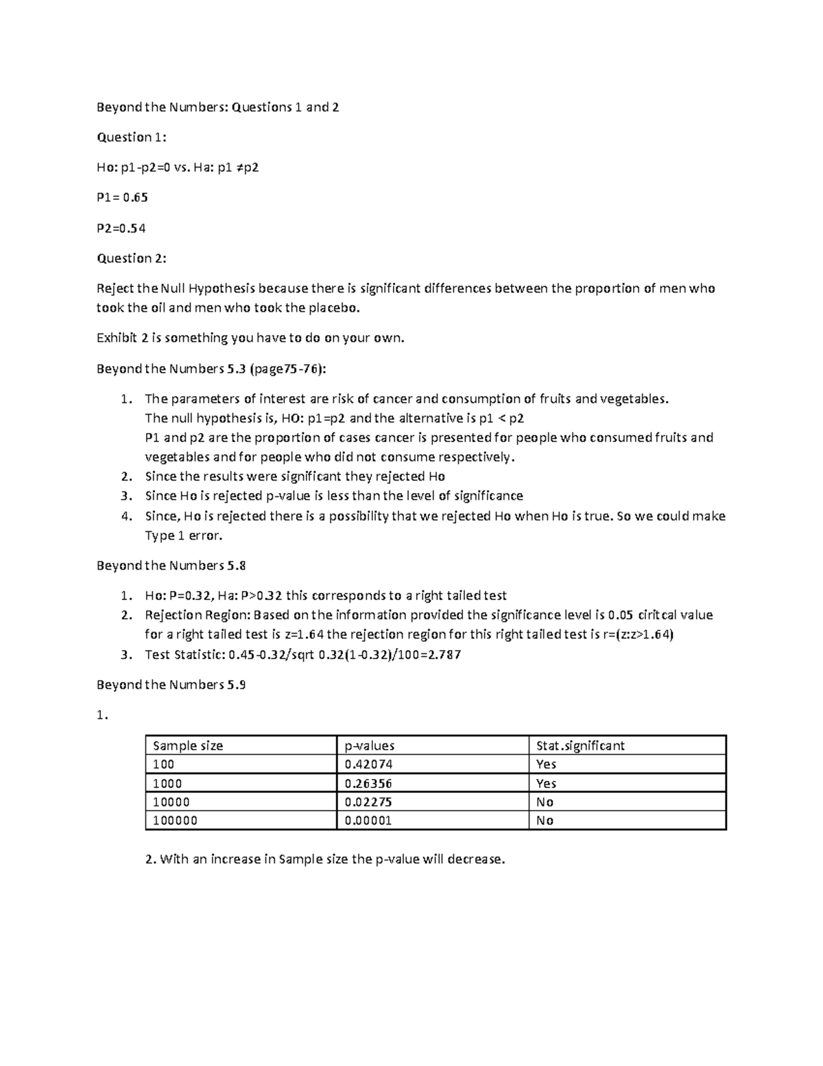 Stats HW for Workbook 2 - Beyond the Numbers: Questions 1 and 2 ...