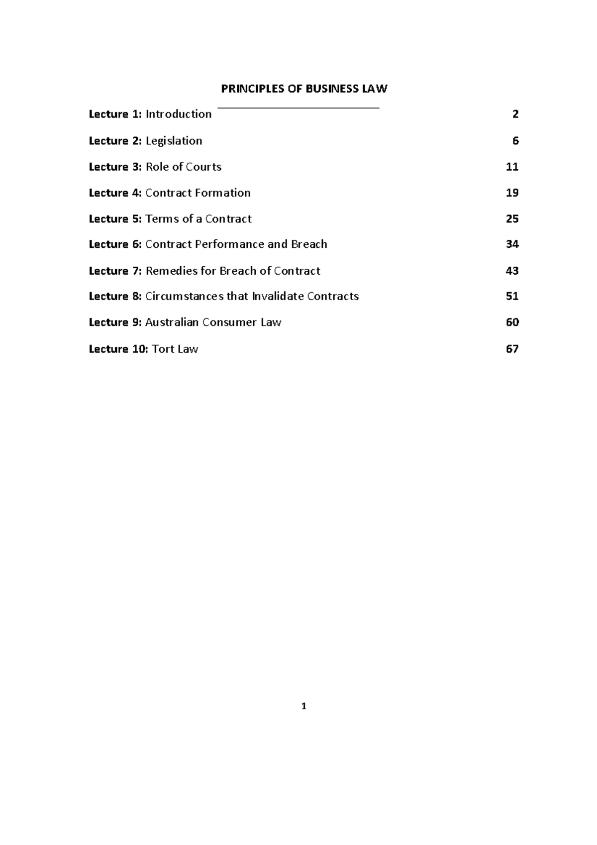 Lecture notes for BLAW100001 - PRINCIPLES OF BUSINESS LAW Lecture 1 ...