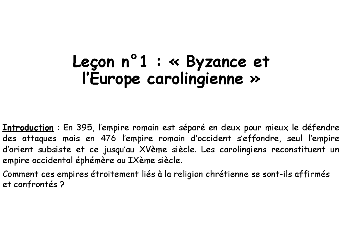 Lecon n 1 byzance et l europe carolingienne - Leçon n°1 : « Byzance et