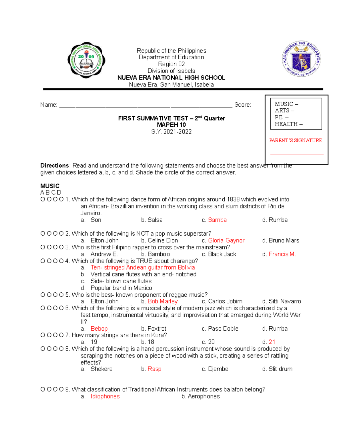 Mapeh Summative Test Second Quarter 1st Republic Of The Philippines