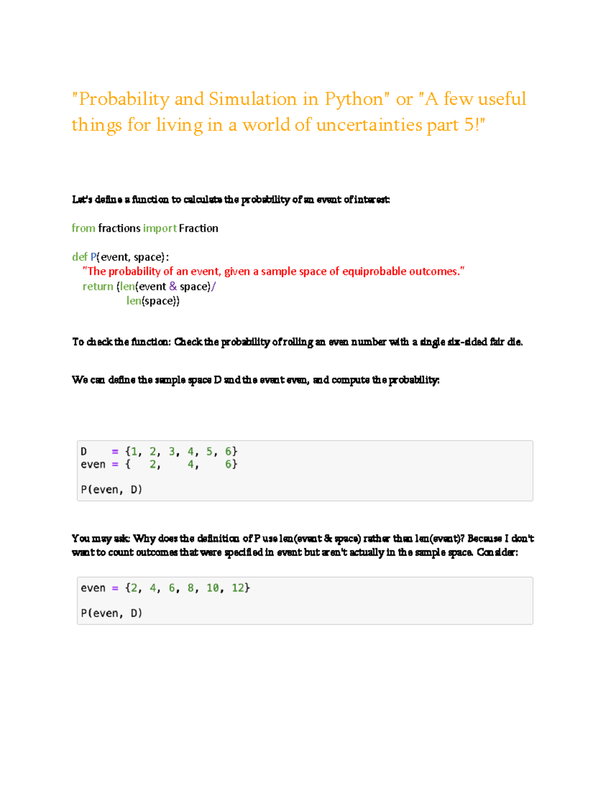 Probability and Simulation 5 - "Probability and Simulation in Python ...