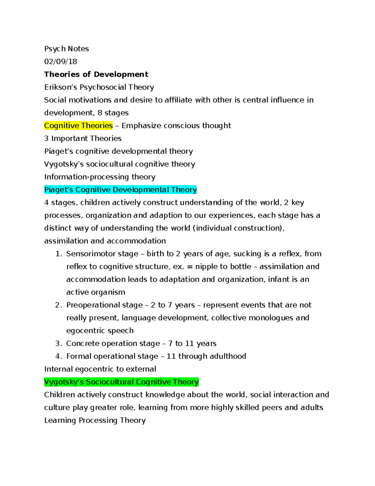 Psych Notes theories of developement 3 Psych Notes 02 09