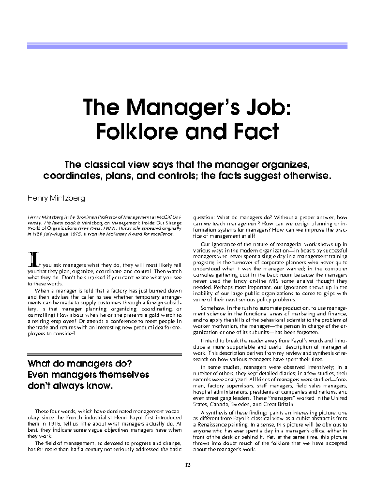 Mintzberg The Manager’s Job and Folklore Article 3 The Manager’s