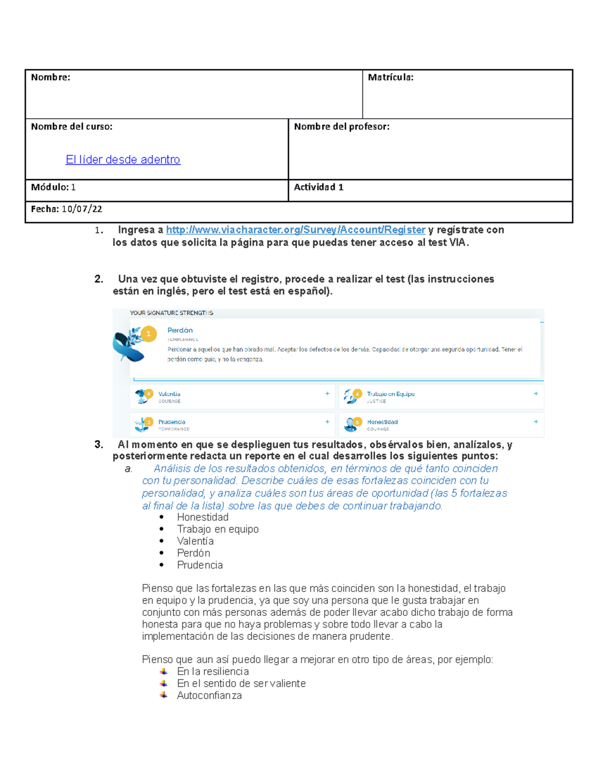 Actividad 1 El lider desde adentro - Nombre: Matrícula: Nombre del ...