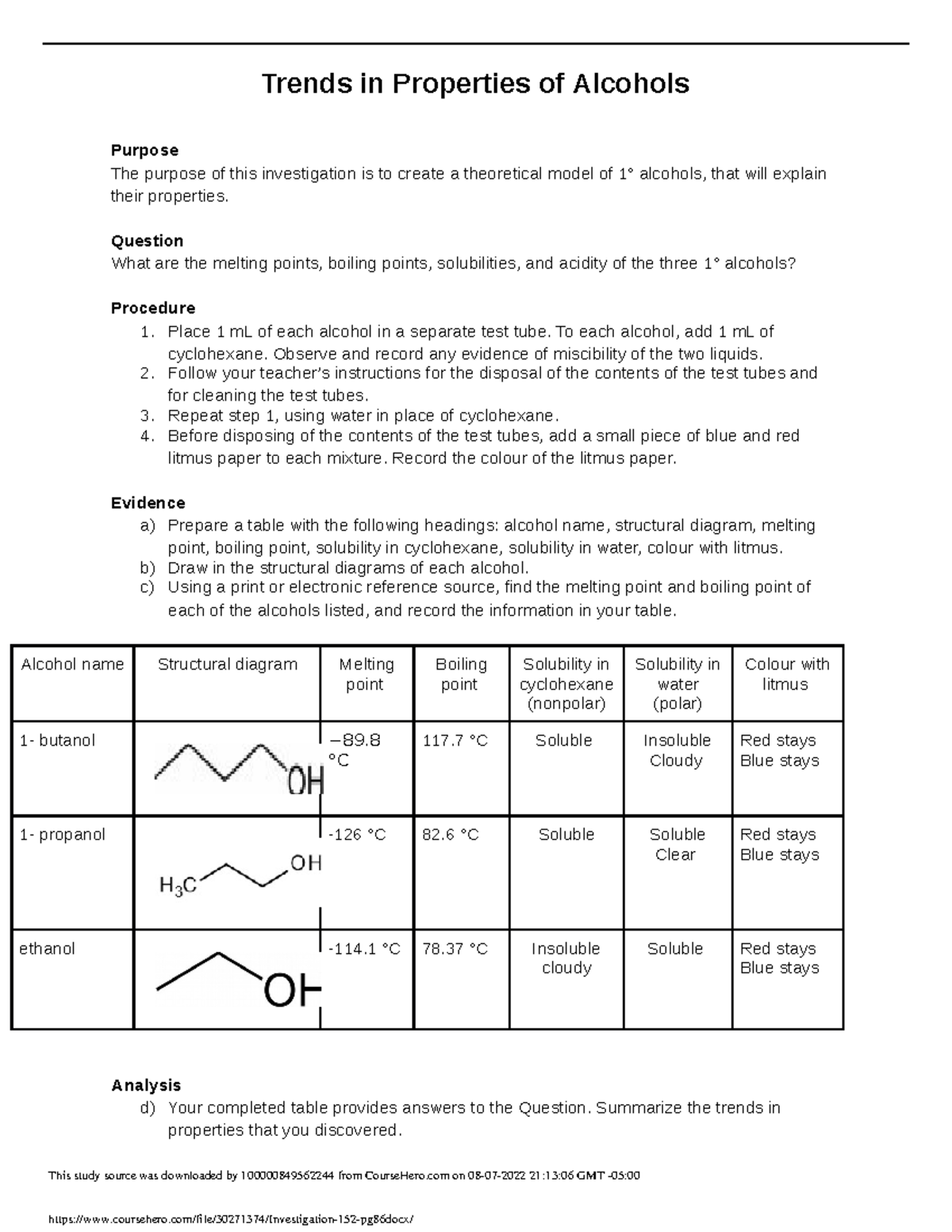 Investigation 1.5 ms.smith Trends in Properties of Alcohols Purpose