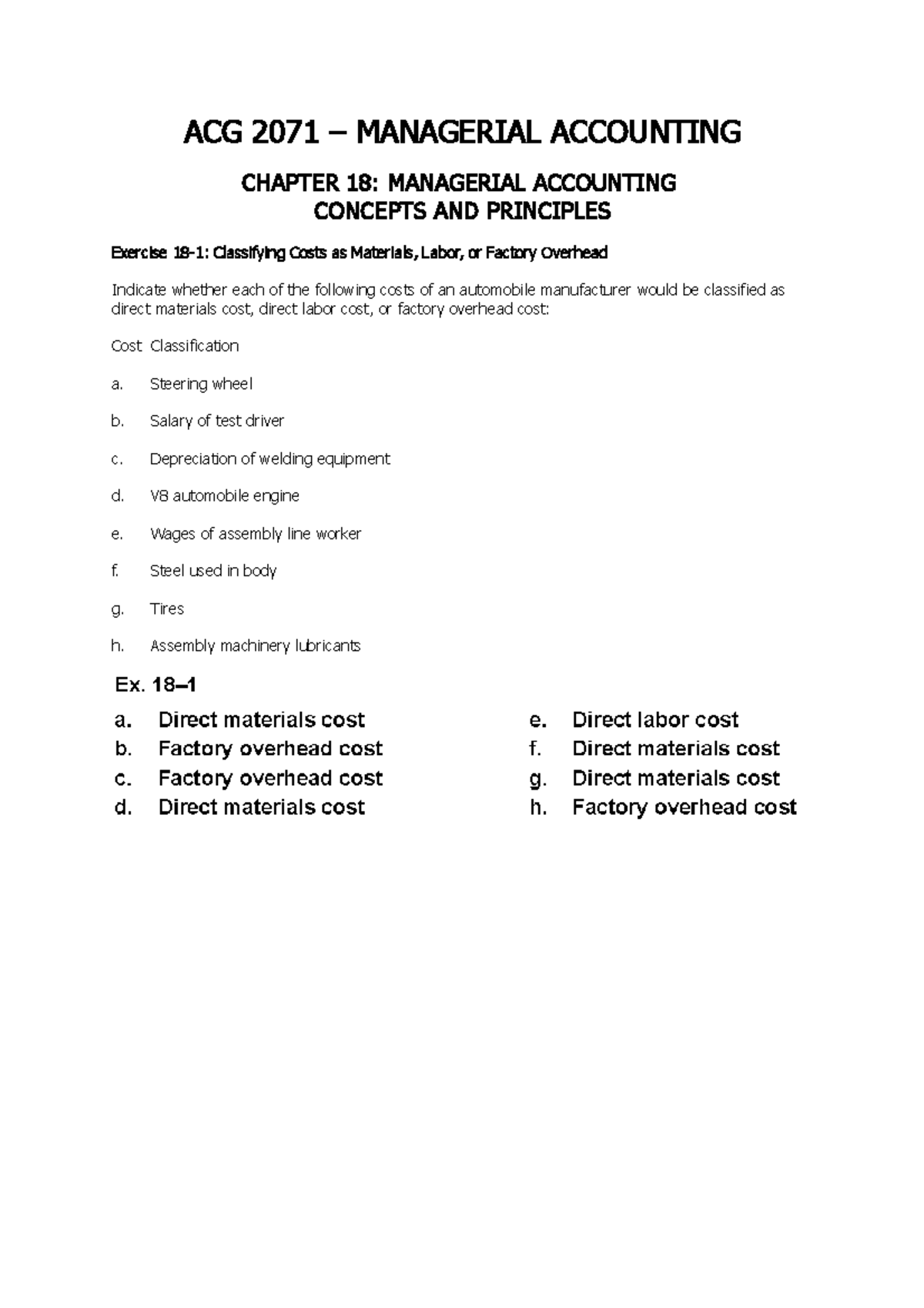 Seminar Assignments - Chapter 18 - ACG 2071 MANAGERIAL ACCOUNTING ...