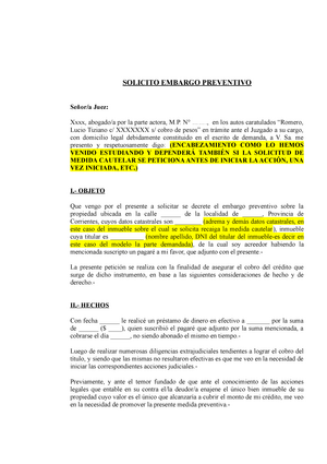 Modelo medida cautelar-embargo preventivo - SOLICITO EMBARGO PREVENTIVO  Señor/a Juez: Xxxx, - Studocu