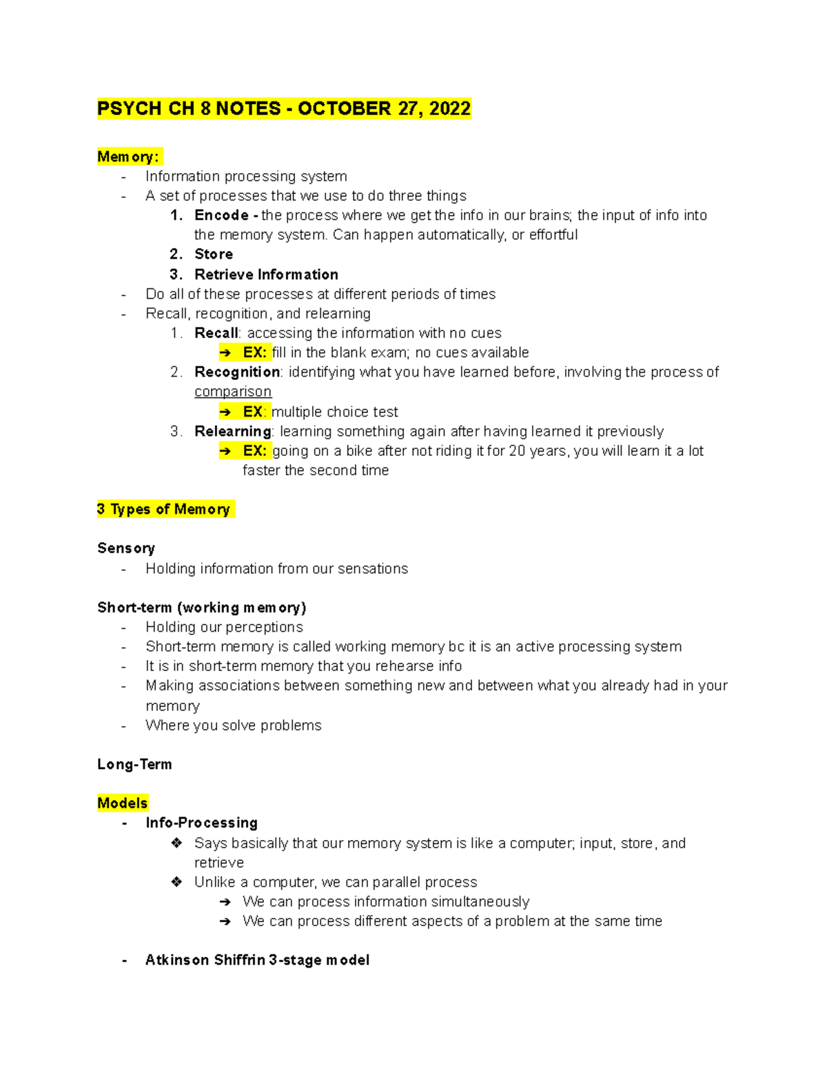 Psych CH 8 Notes - PSYCH CH 8 NOTES - OCTOBER 27, 2022 Memory ...