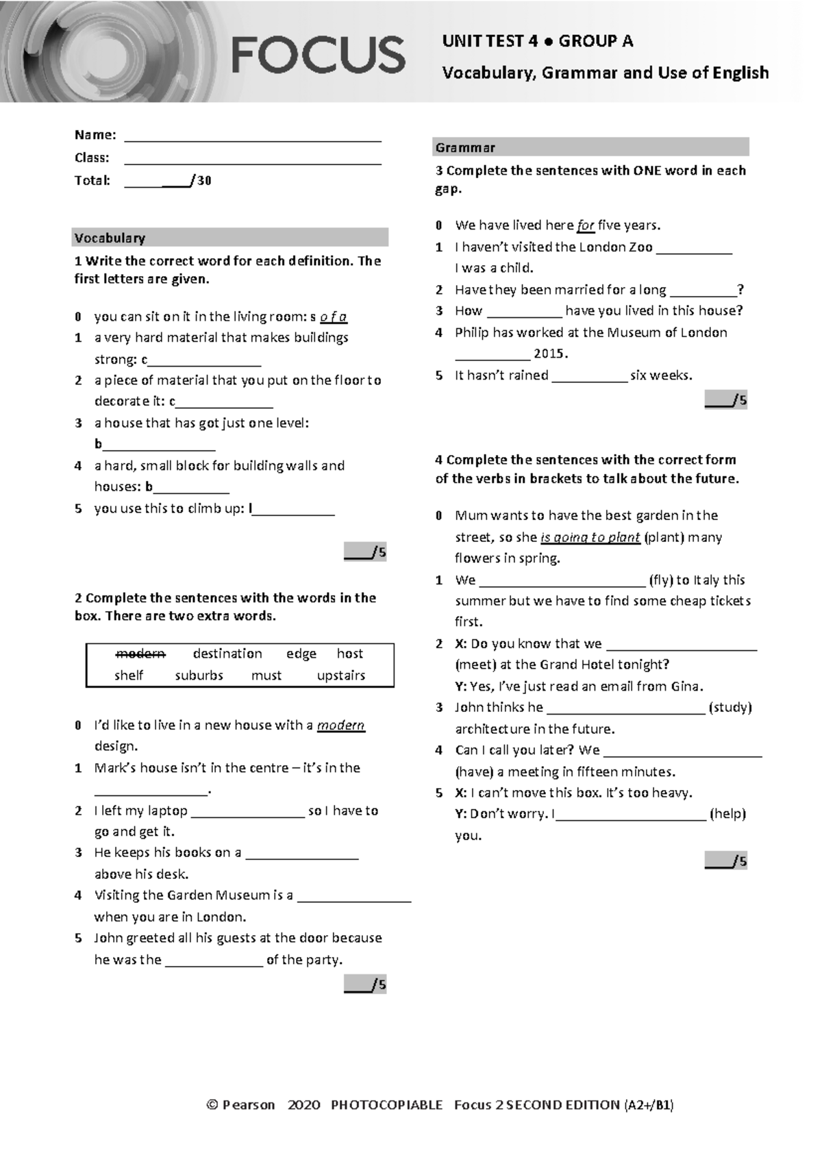 Focus 2 2E Unit Test Vocabulary Grammar Uo E Unit4 Group A - © Pearson ...