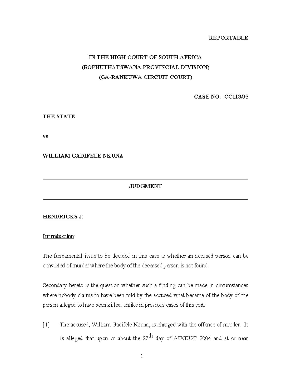 Rasuge - S v Nkuna case - REPORTABLE IN THE HIGH COURT OF SOUTH AFRICA ...