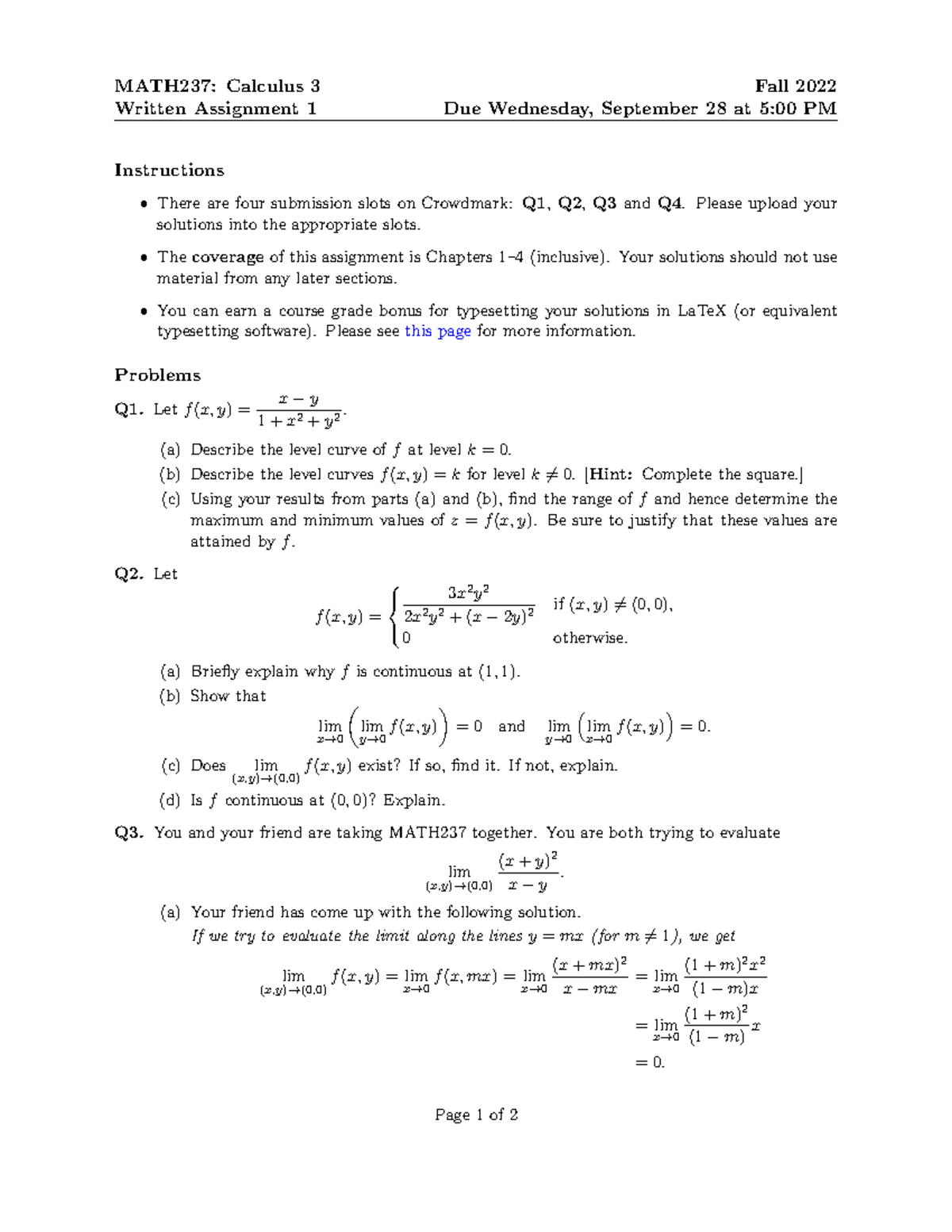 Math237-f22-wa1 - MATH237: Calculus 3 Written Assignment 1 Fall 2022 ...