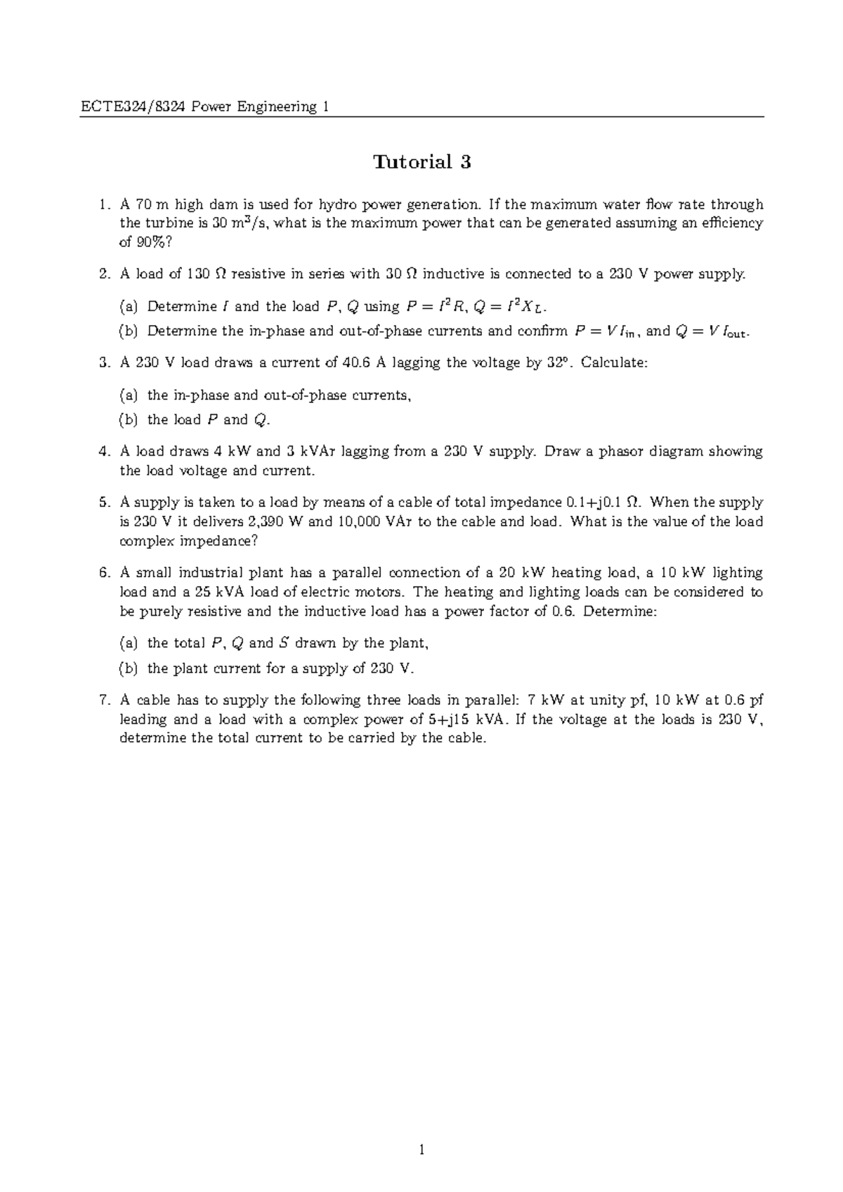 Ecte324 8324 tut w3 2019 - ECTE324/8324 Power Engineering 1 Tutorial 3 ...