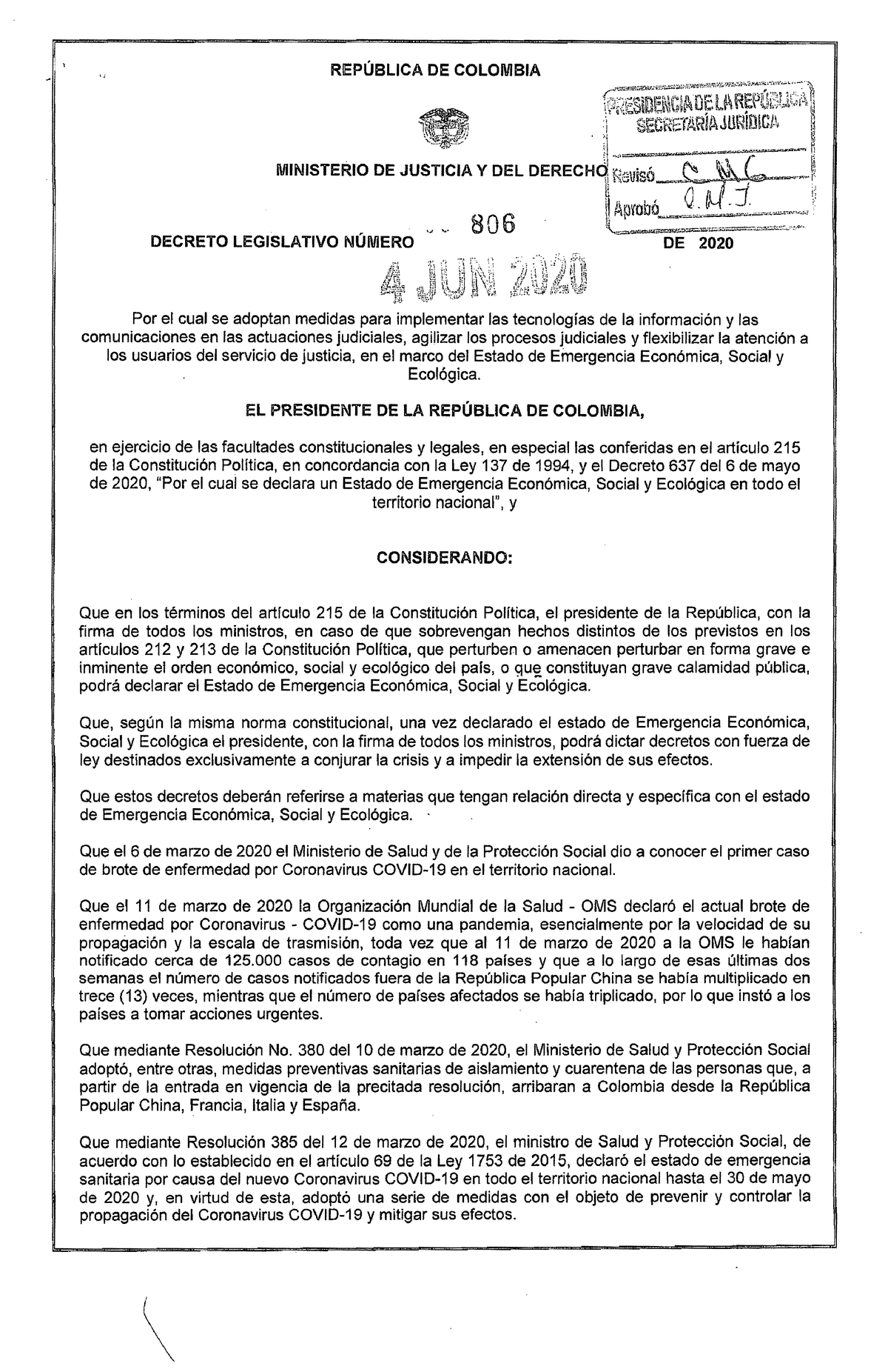 Decreto 806 DEL 4 DE Junio DE 2020 - , REPÚBLICA DE COLOMBIA Por El ...