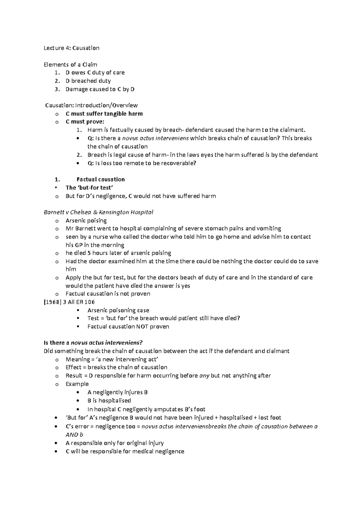Lecture 4- Causation - Lecture 4: Causation Elements of a Claim 1. D ...