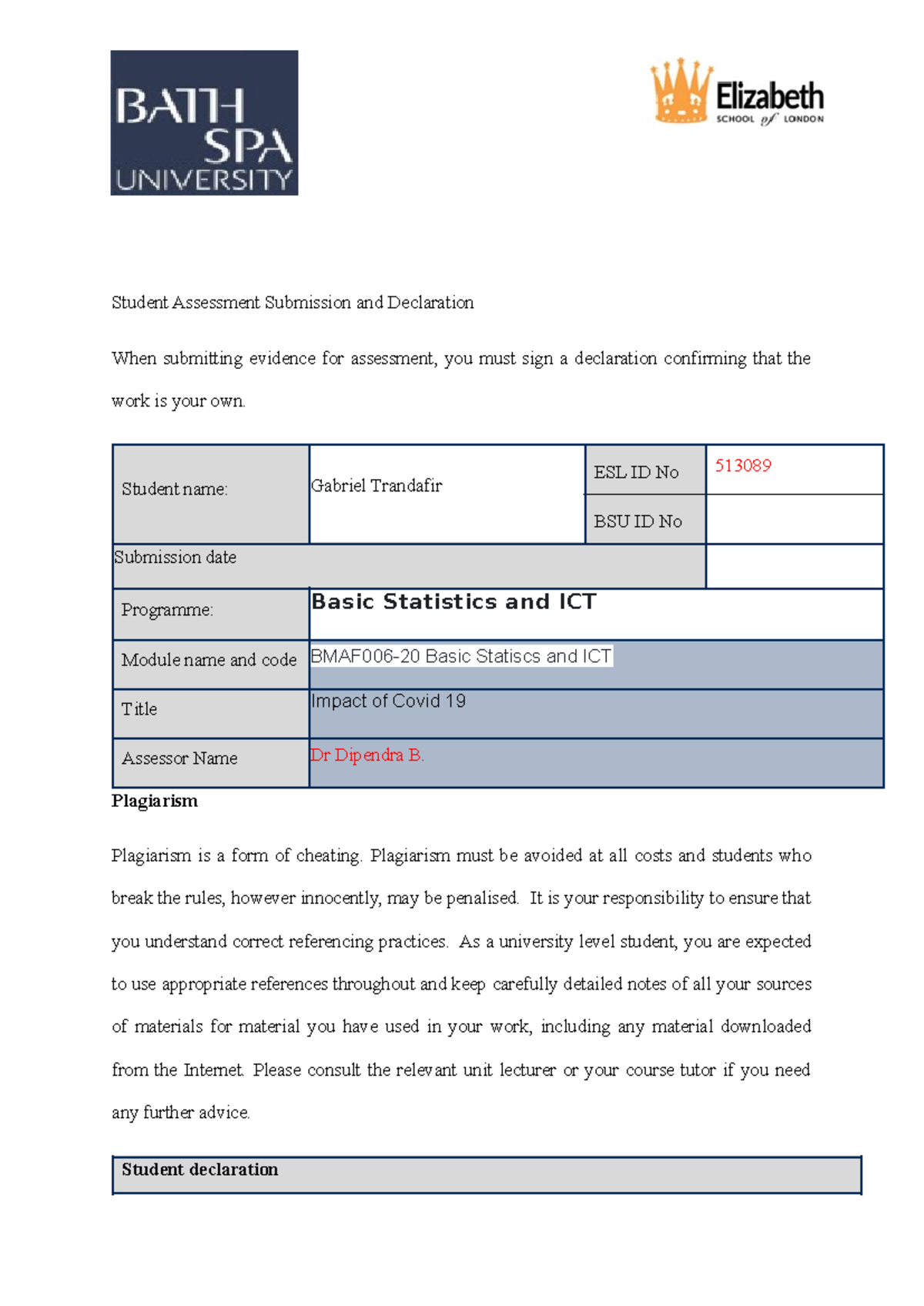 Basic Statistics and ICT skills - Student Assessment Submission and ...