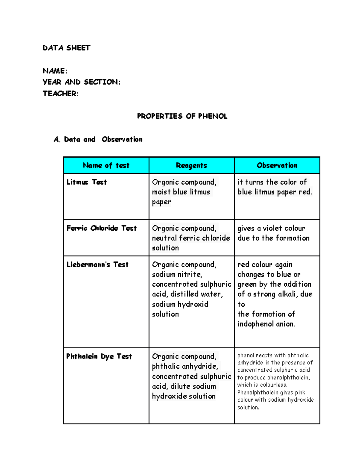 Data Sheet On Properties Of Phenol In Organic Chemistry - Optometry 