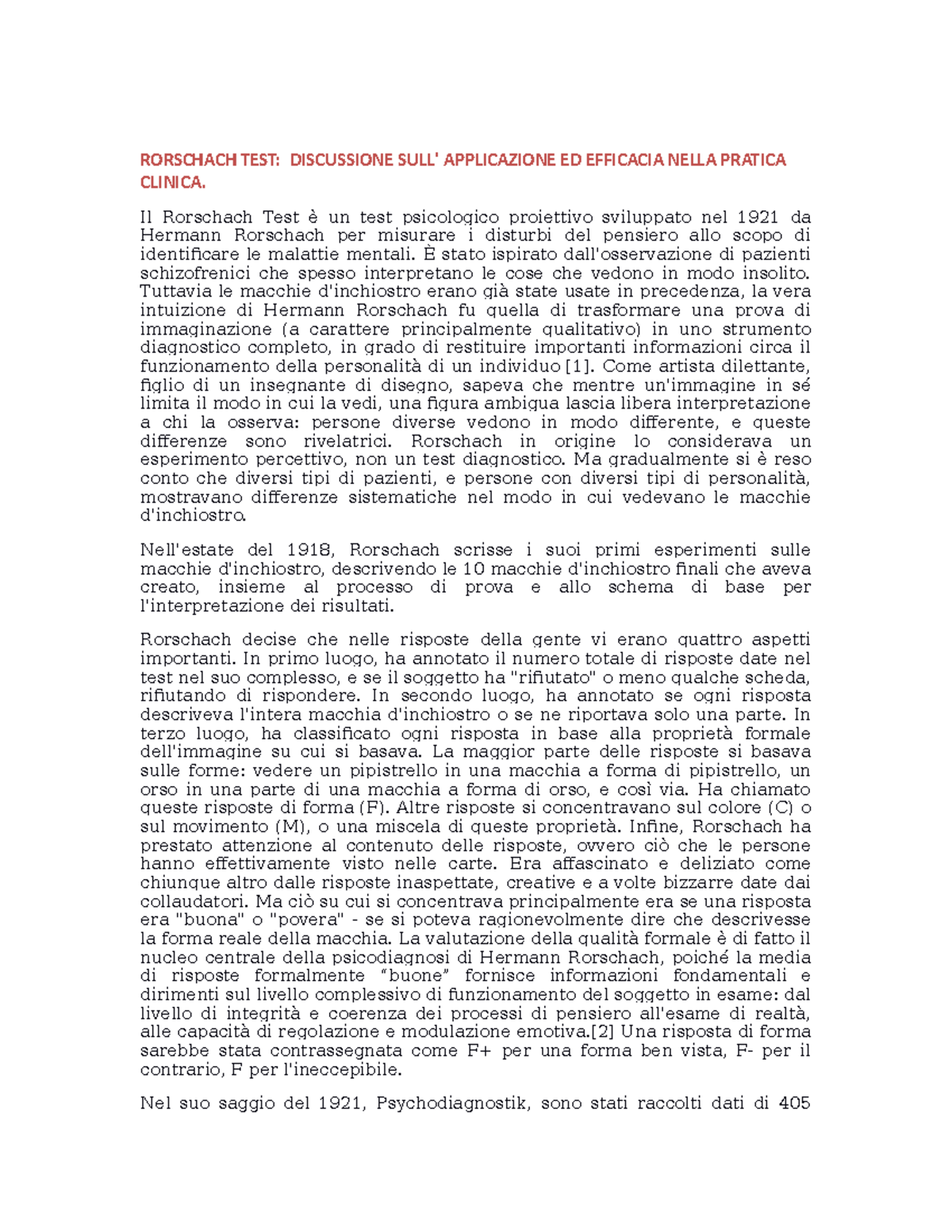 Esame 10 Febbraio 2020 Risposte RORSCHACH TEST DISCUSSIONE SULL 