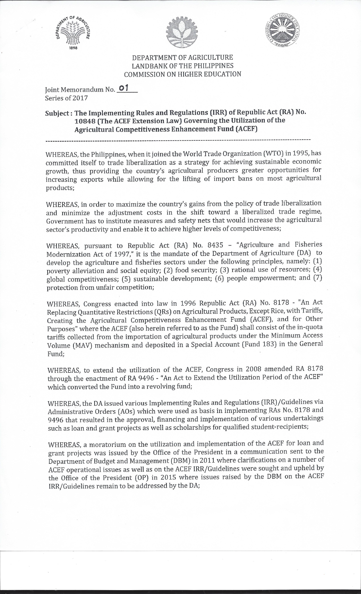 ACEF Implementing Rules and Regulations Agricultural and Biosystems