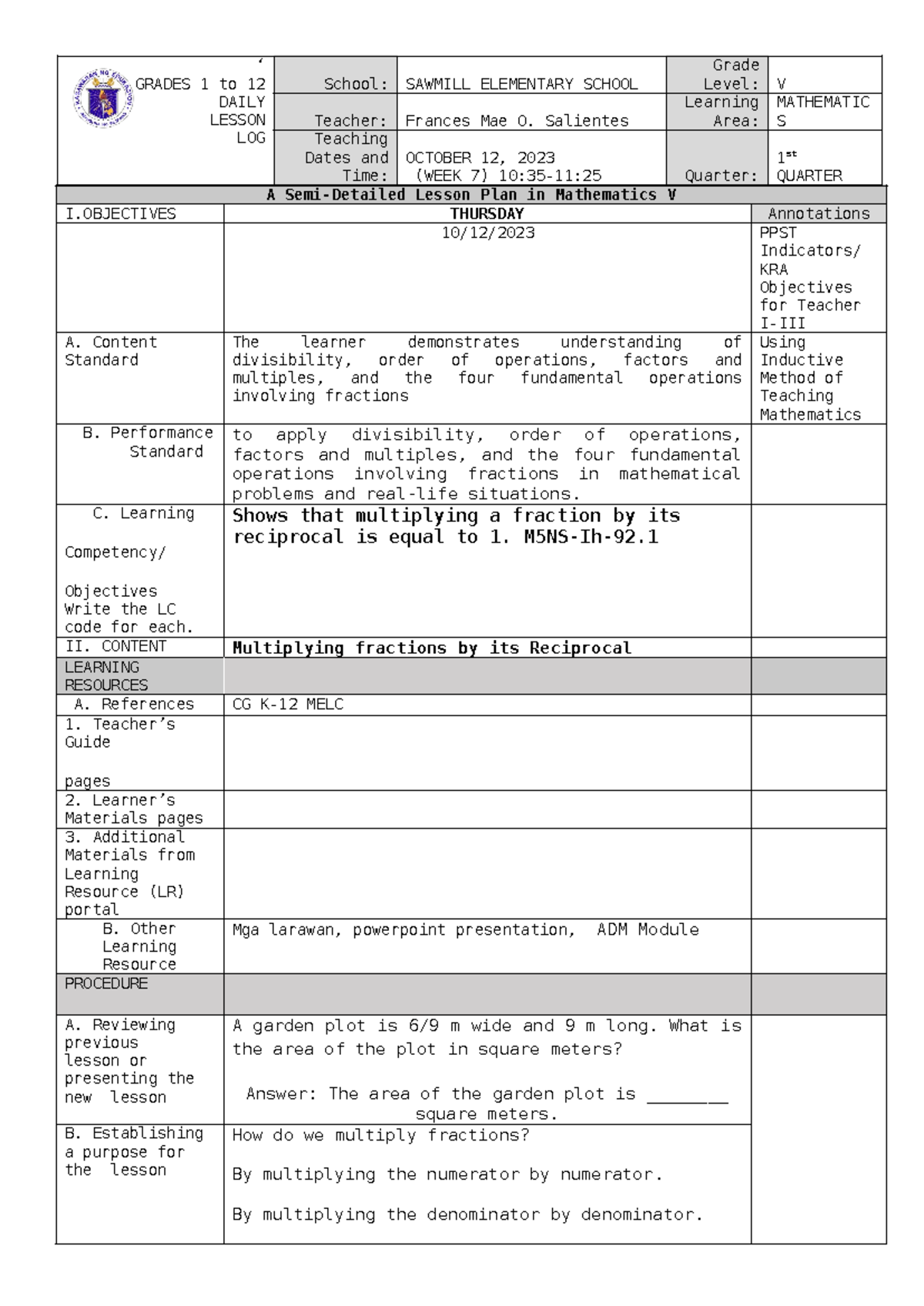 COT DLL 1STQ - ‘ GRADES 1 to 12 DAILY LESSON LOG School: SAWMILL ...