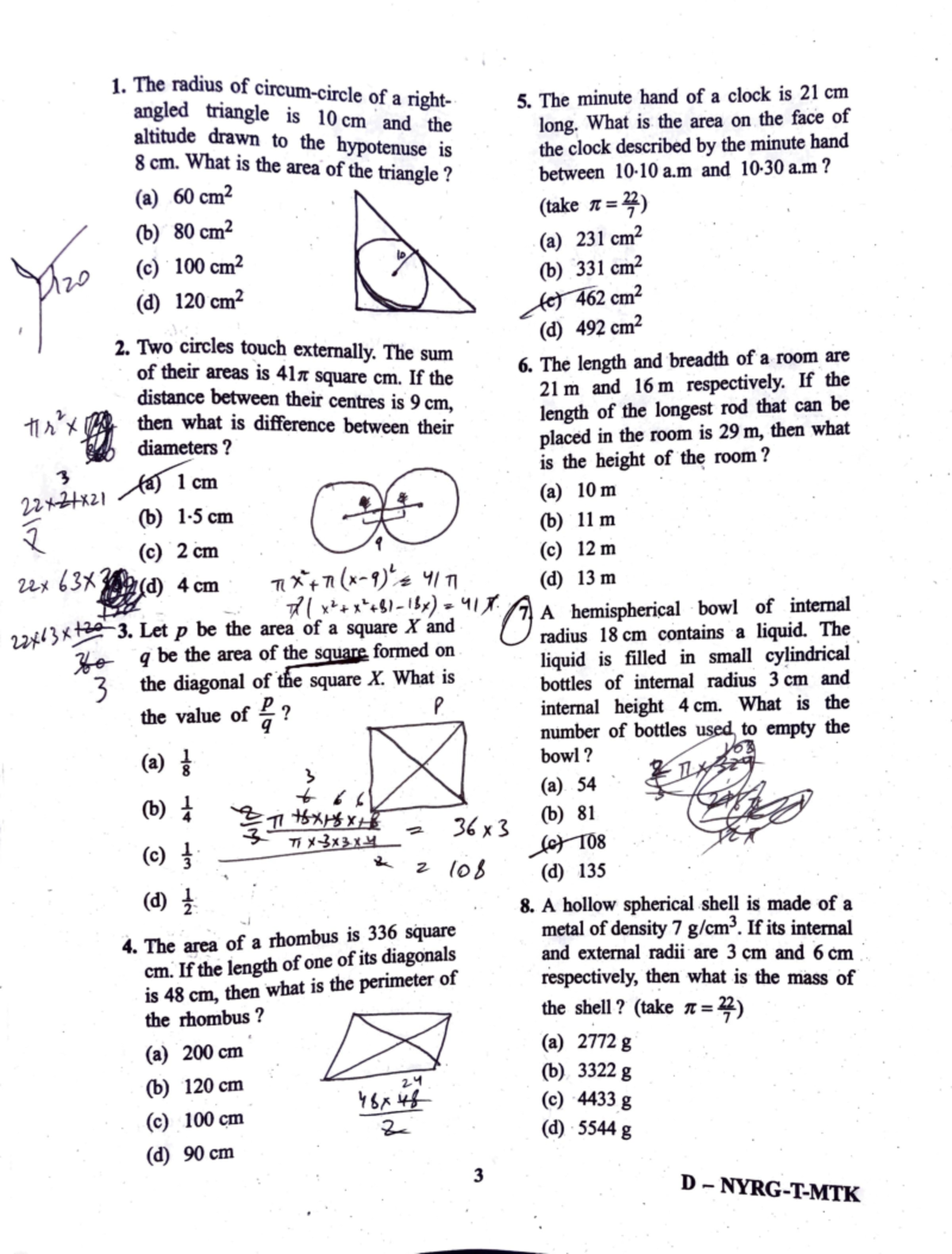 Cds 2 maths question paper - t. The radius of circ. angled triangle :i ...