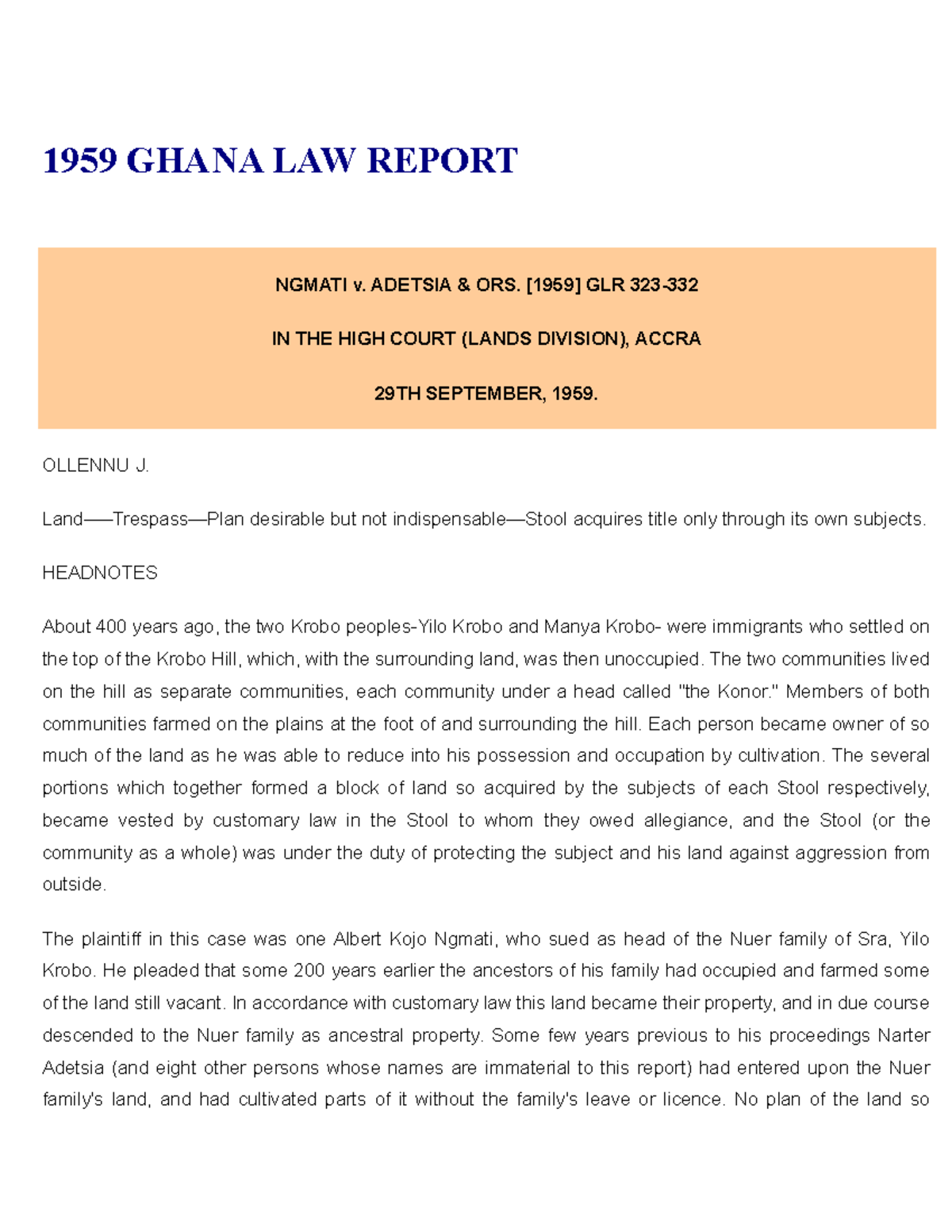 Ngmati v Adetisa Case law on immovable property 1959 GHANA LAW