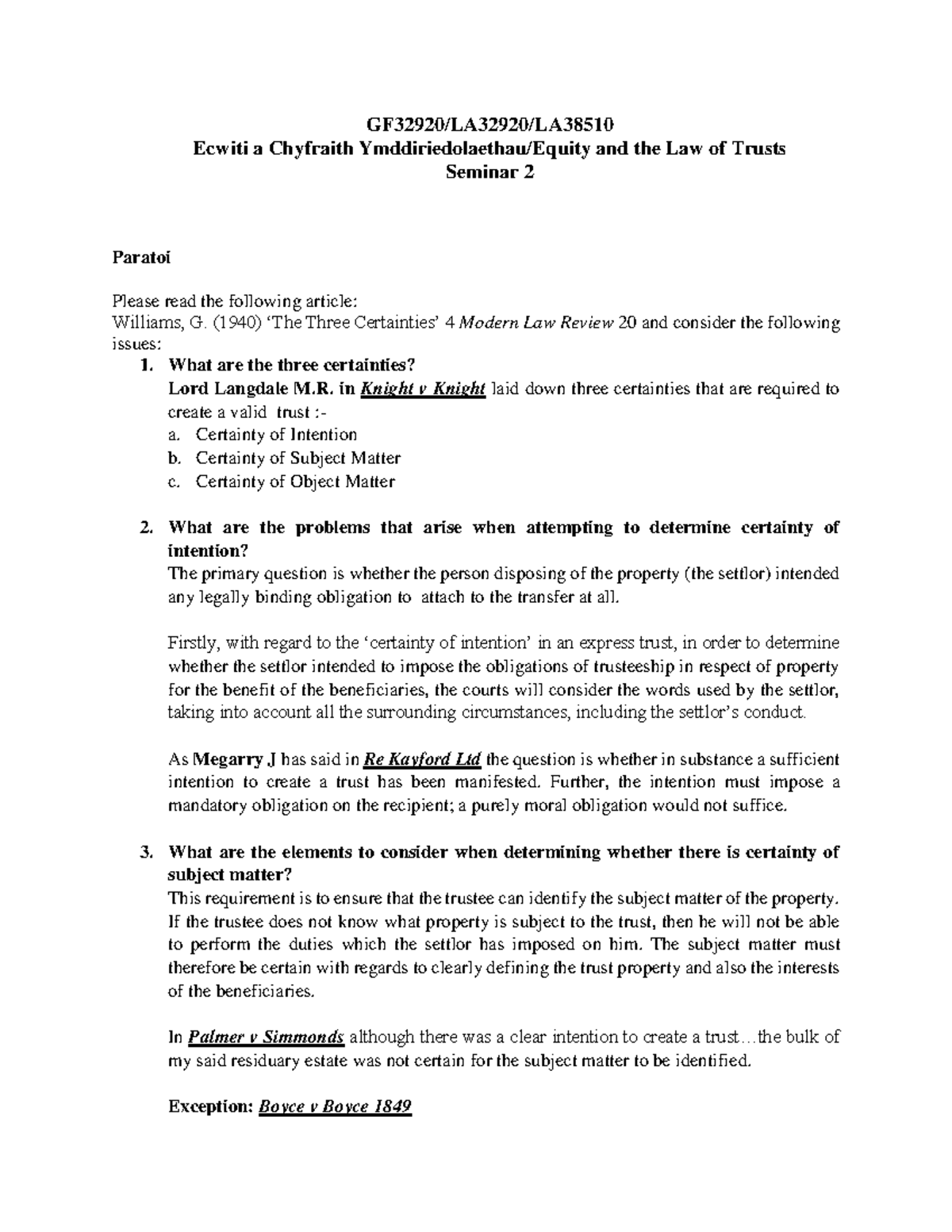 Seminar 2 Three Certainties - Ecwiti a Chyfraith and the Law of Trusts ...