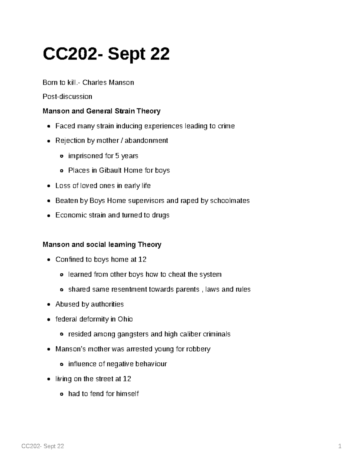 CC202 Sept 22 Born to kill Charles Manson post documentary discussion notes StuDocu