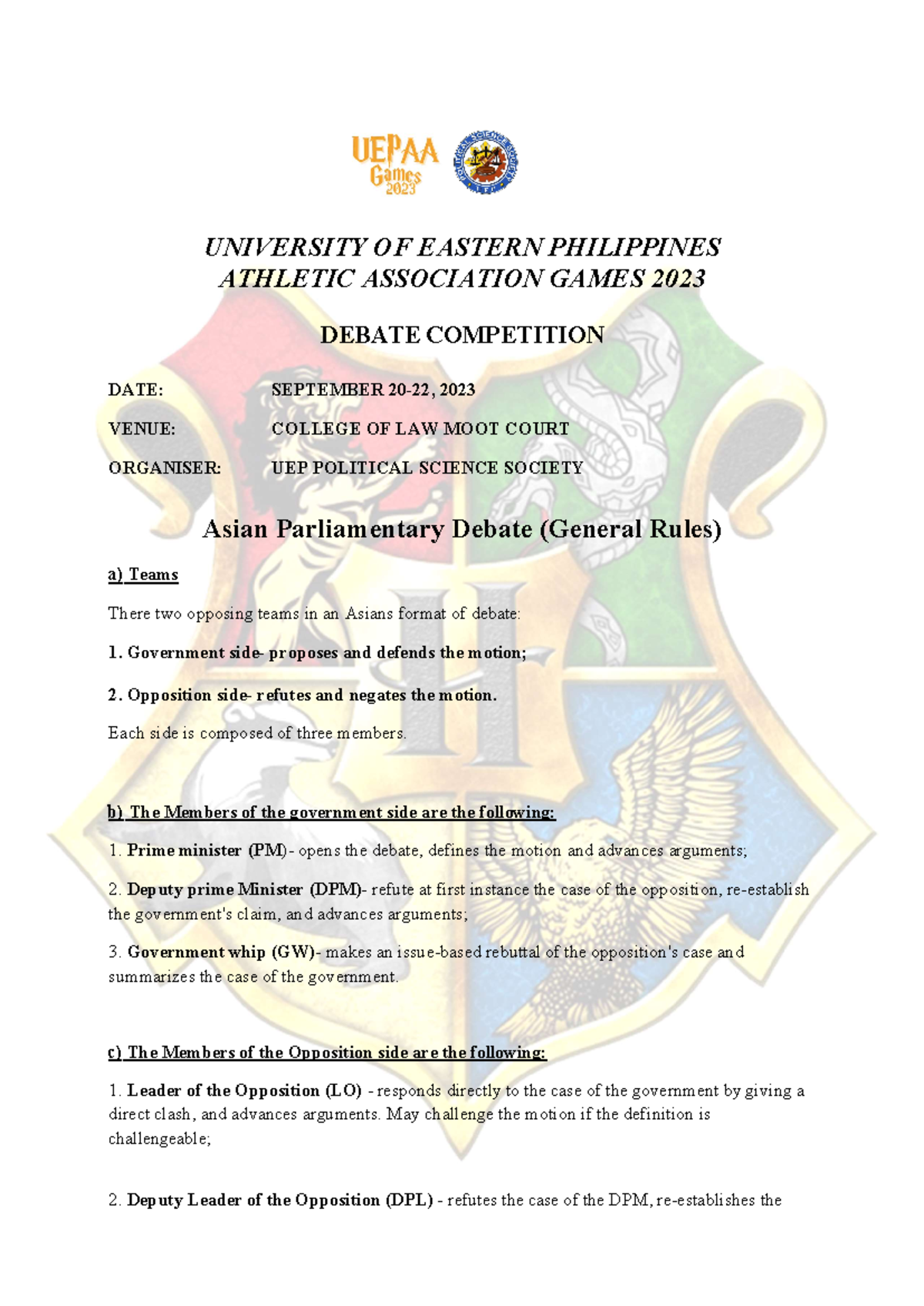 debate format and rubrics provided - UNIVERSITY OF EASTERN PHILIPPINES ...